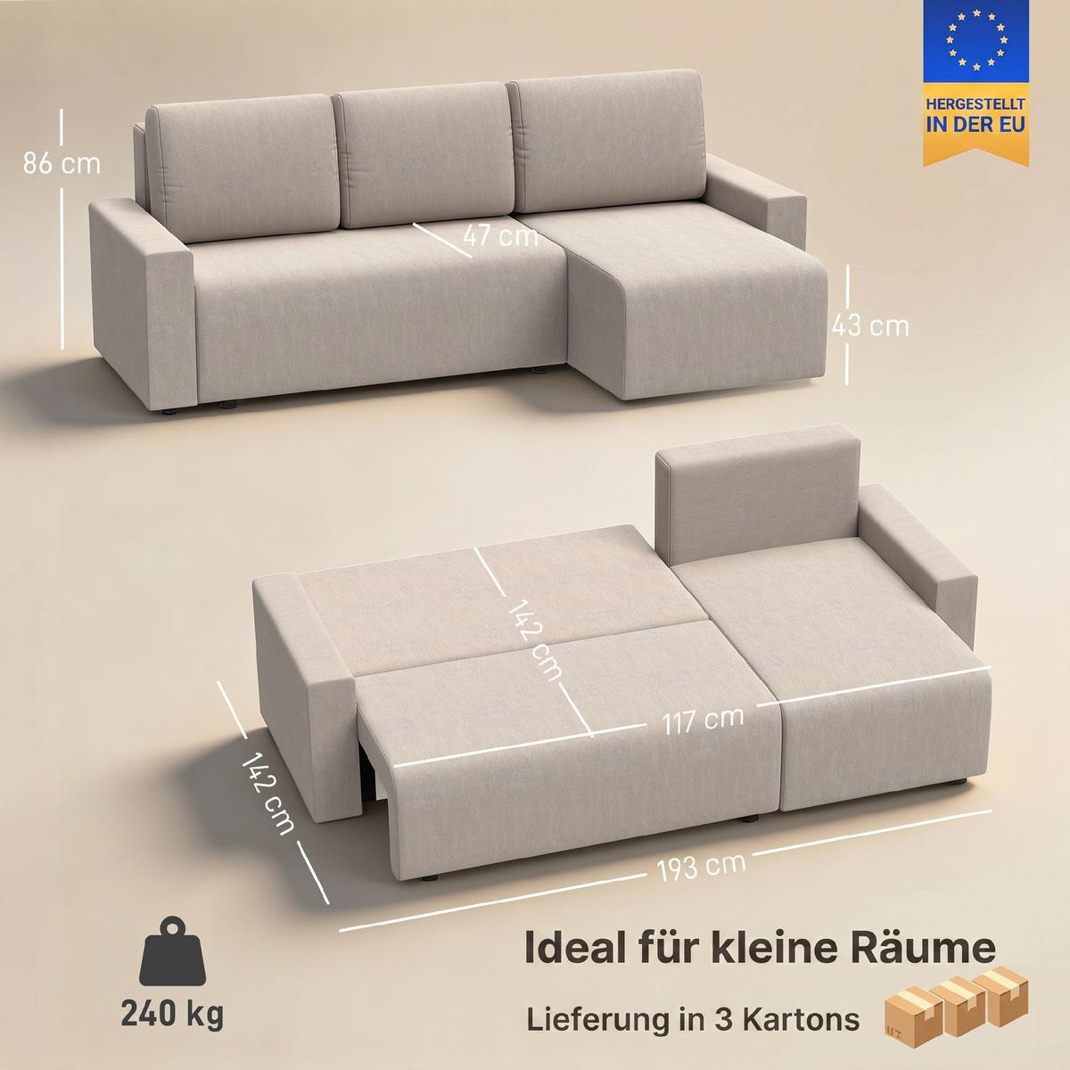 SCHLAFSOFA Polyester Beige - Beige/Schwarz, Holzwerkstoff/Kunststoff (125/86/226cm) - HOMCOM