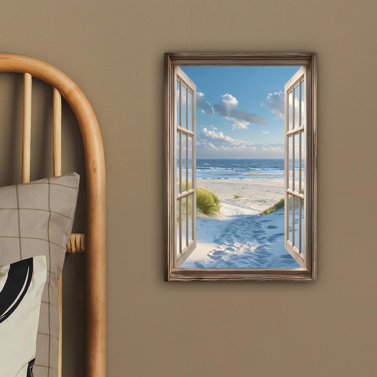 LEINWANDBILD Aussicht - Strand - Fenster - Dünen - Meer Deko Wohnzimmer 20x30 cm - Hellblau, Textil (20/30cm) - MuchoWow