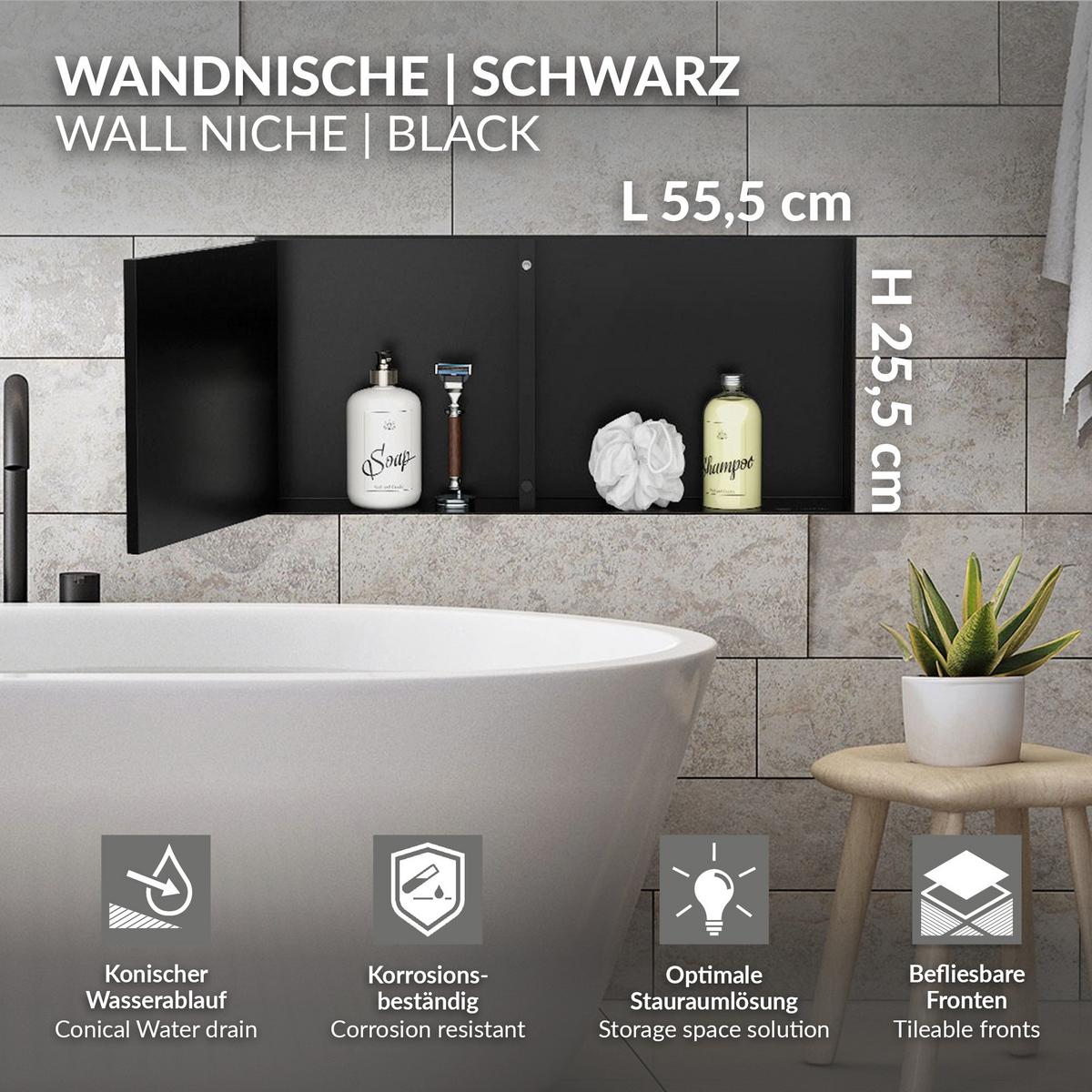 DUSCHNISCHE Edelstahl mit befliesbarer Tür Schwarz 25,5/55,5 cm - Schwarz, Metall (60/10/30cm) - LuxeBath