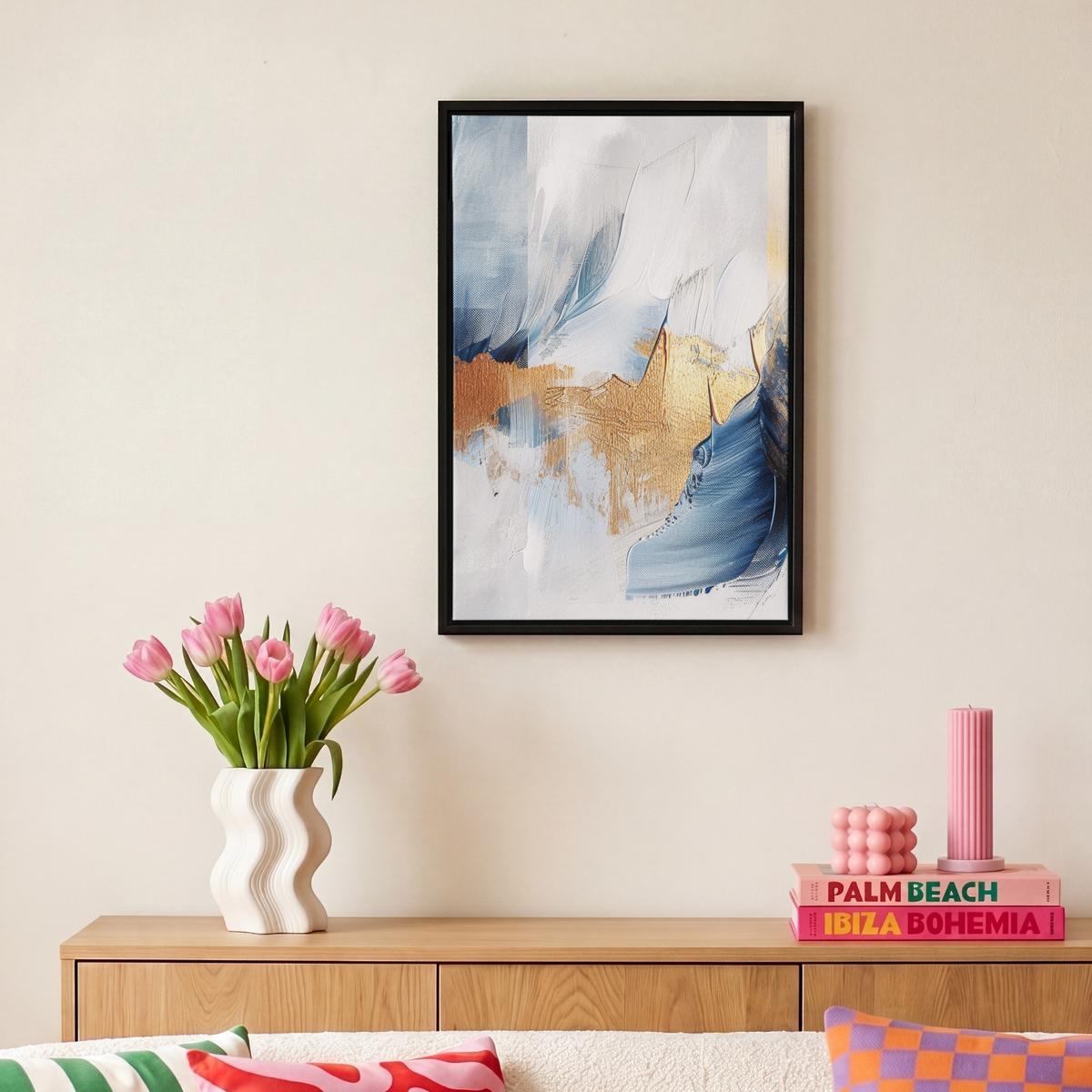 LEINWAND Bilder mit Rahmen - Gold - Blau - Aquarell - Kunst - Modern - 20x30 - Hellblau, Textil (20/30cm) - MuchoWow