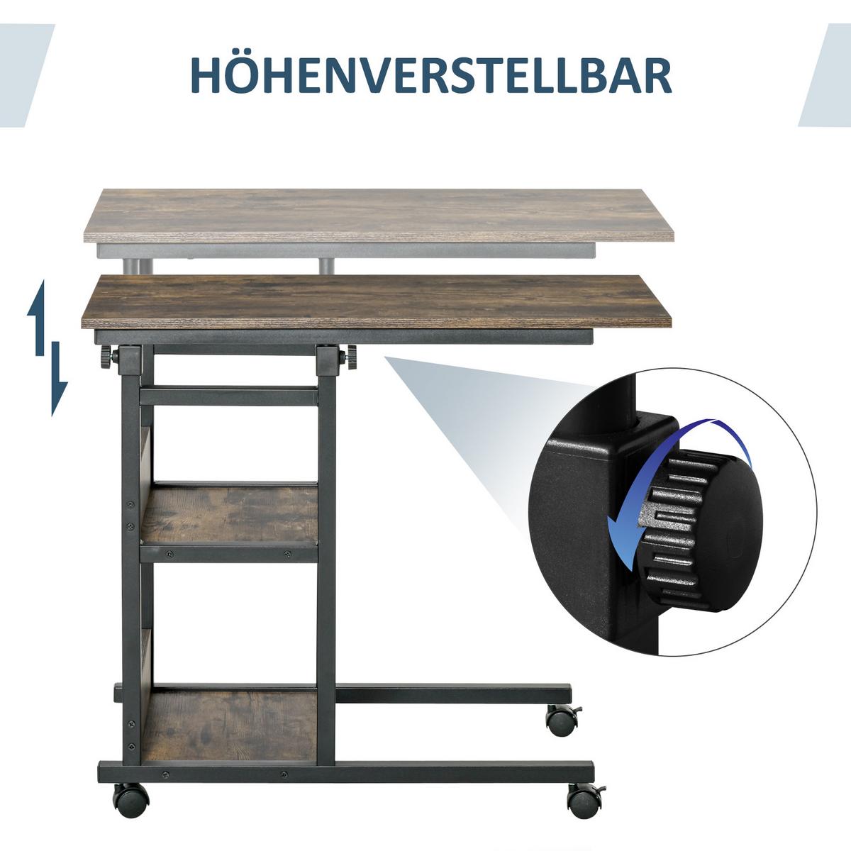 BEISTELLTISCH Couchtisch mit Rollen höhenverstellbar 2 untere Regale Esszimmer - Braun, Kunststoff (80/40/82cm) - HOMCOM