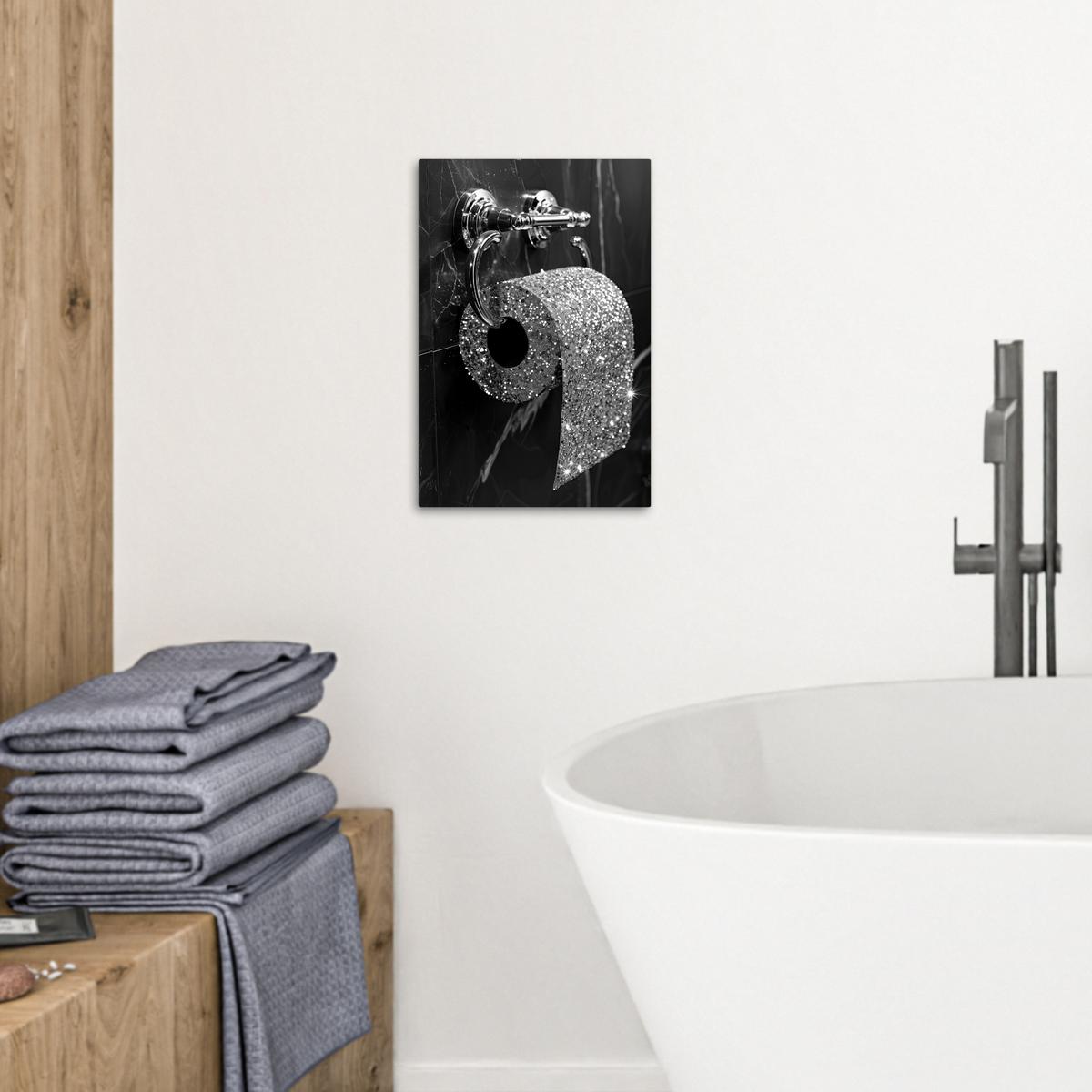 LEINWANDBILD WC - Toilettenpapier - Schwarz und weiß - Glitter Deko Wohnzimmer 20x30 cm - Silberfarben, Textil (20/30cm) - MuchoWow