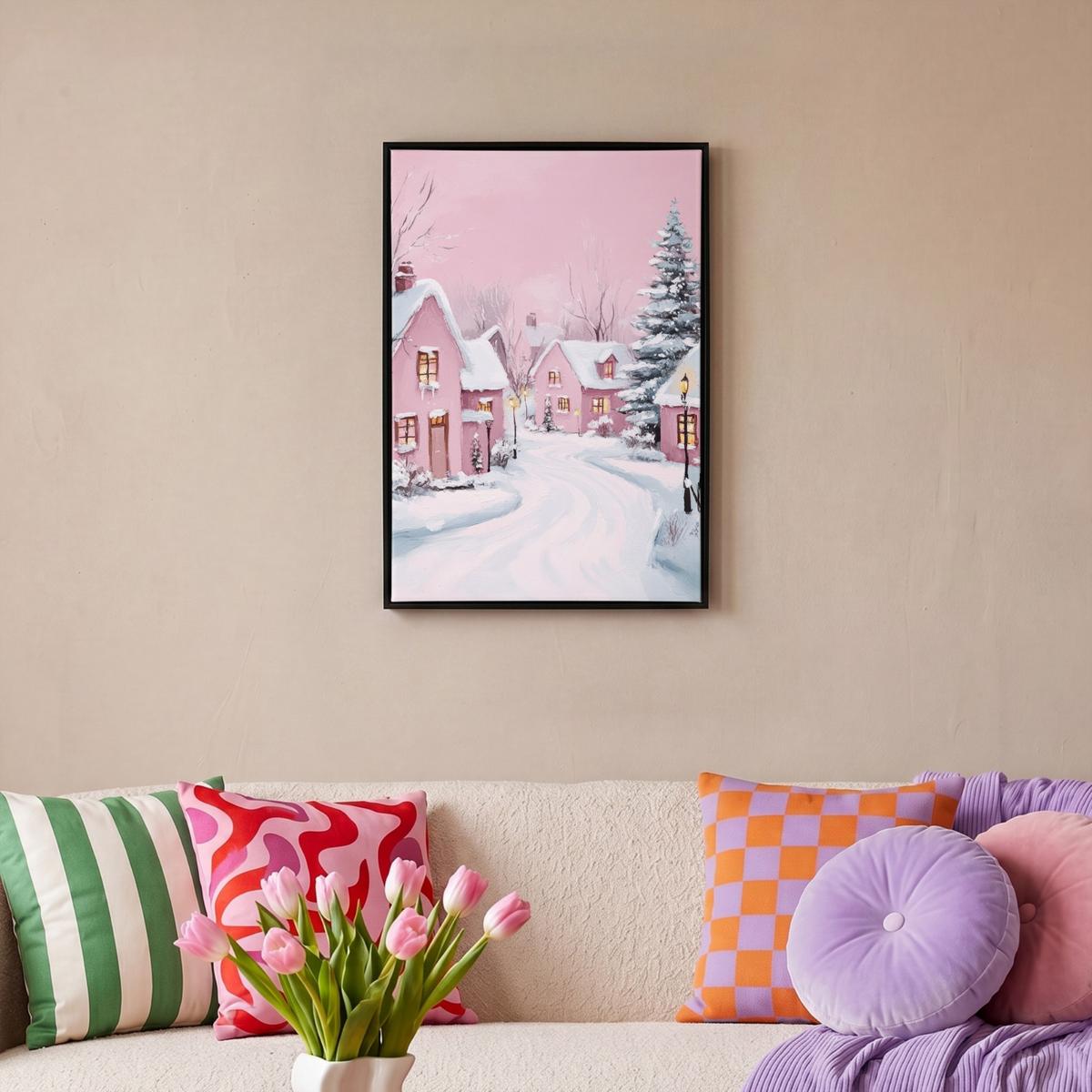 LEINWAND Bilder mit Rahmen - Weihnachtsdorf - Rosa - Winter - Schnee - Häuser - 40x60 - Altrosa, Textil (40/60cm) - MuchoWow