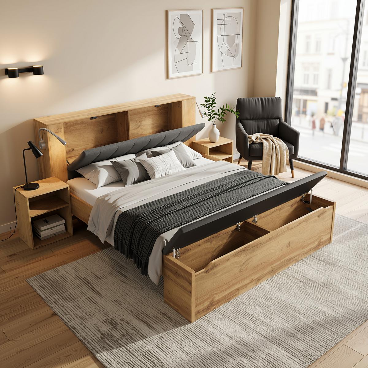 POLSTERBETT eiche-optik & leinen 160X200 mit nachttischen & bettbank - Eichefarben, Holz (160/200cm) - Urban Meuble