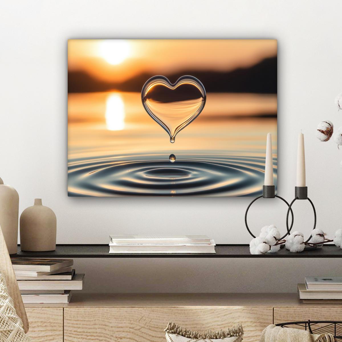 LEINWANDBILD Herz - Wasser - Sonnenuntergang - Natur - Zen Wandbild 40x30 cm - Bernsteinfarben, Textil (40/30cm) - MuchoWow