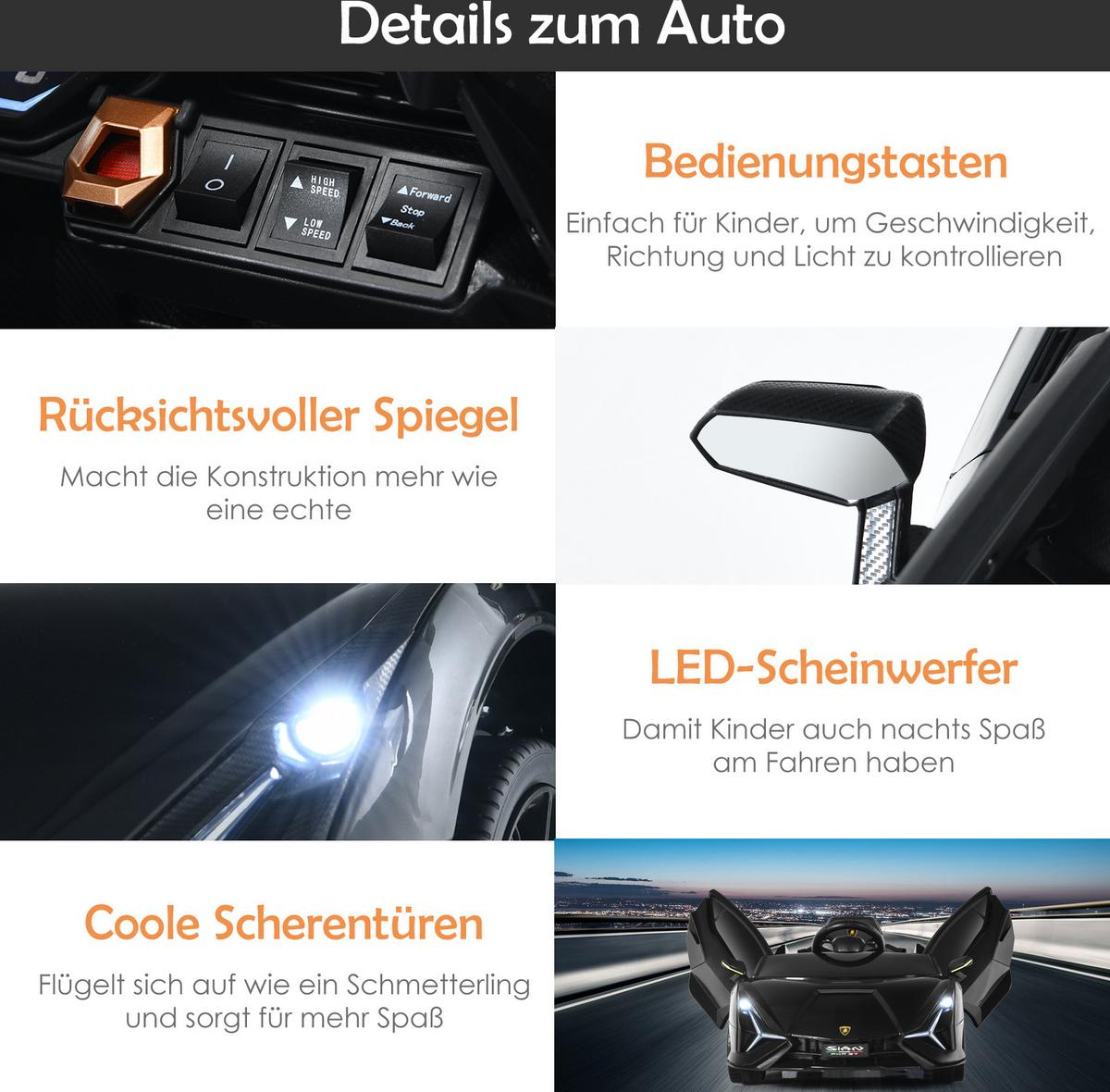 KINDERAUTO Lamborghini 12V Schwarz - Schwarz, Kunststoff (108/41/64cm) - COSTWAY