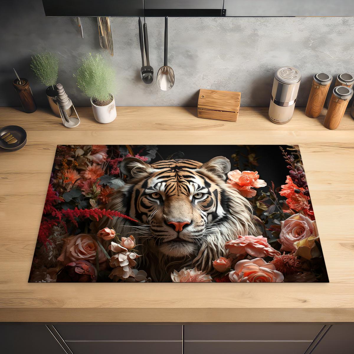 HERDABDECKPLATTE Tiger - Tier - Natur - Floral - Botanisch Induktionsschutz 80x52.2 cm - Orange, Kunststoff (80.2/52.2/0.2cm) - MuchoWow
