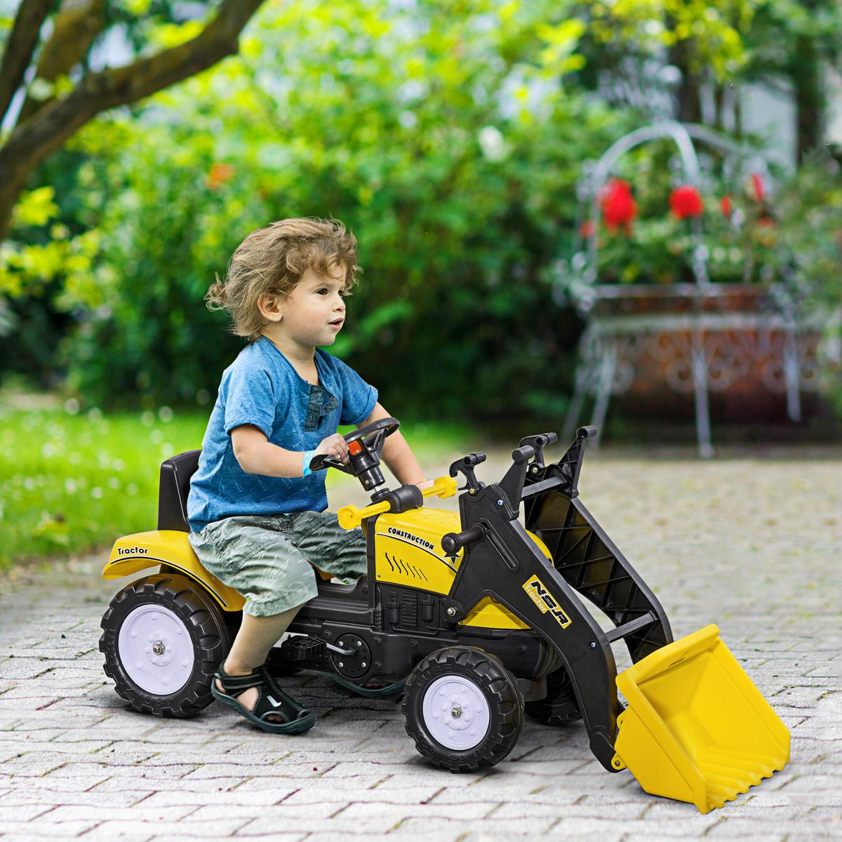 KINDER-RADLADER Kinderbagger Tretauto für 3-jährige Kinder mit Pedalen Gelb - Schwarz, Metall (114/41/52cm) - HOMCOM