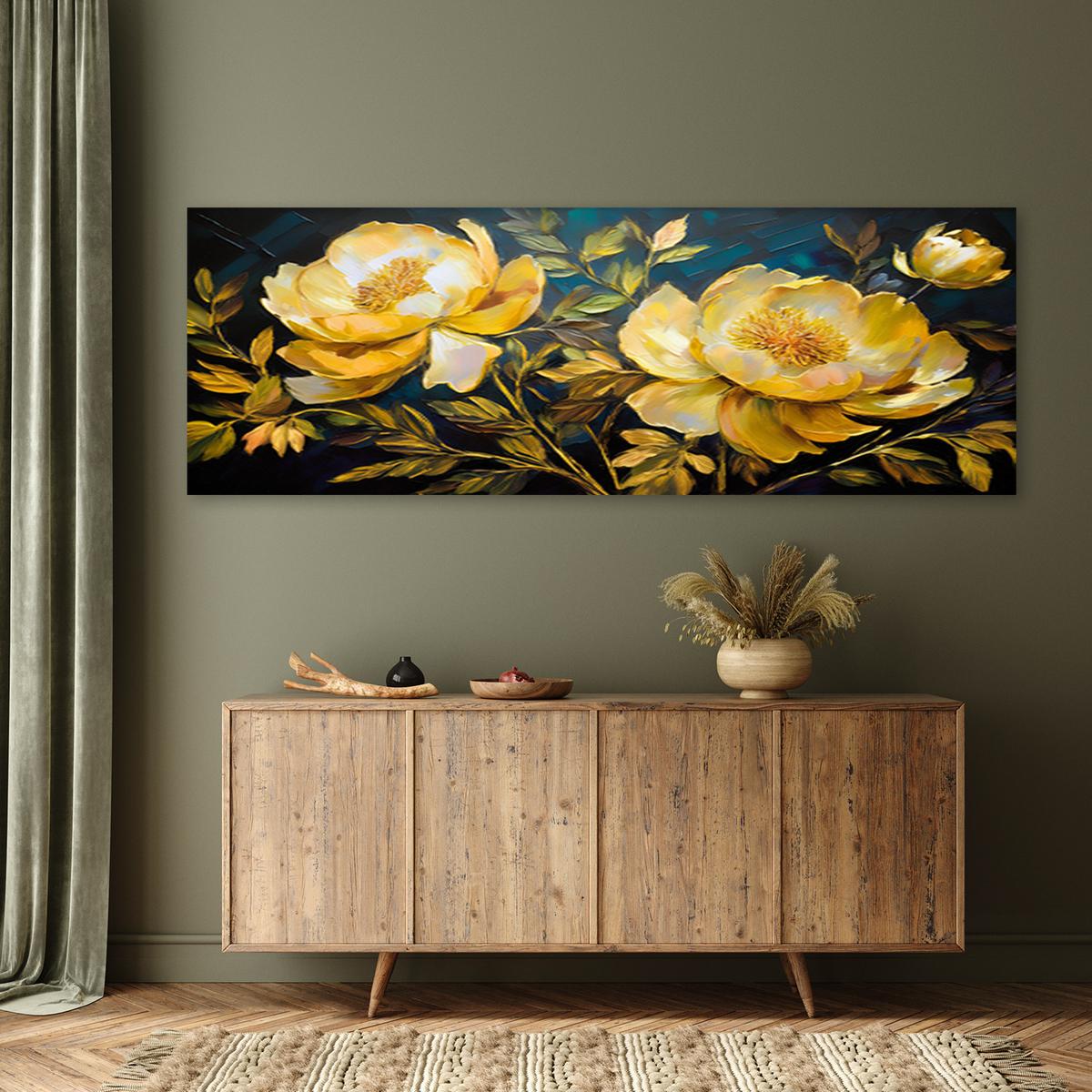 WANDBILD moderne blumen der gelben pfingstrosen - Goldfarben, Textil (90/30cm) - Feeby