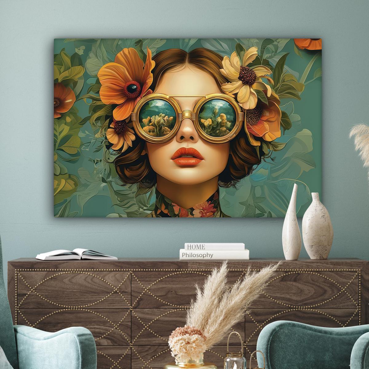 LEINWANDBILD Frau - Blumen - Schmetterlinge - Natur - Vintage Groß 140x90 cm - Salbeigrün, Textil (140/90cm) - MuchoWow