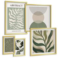 BILDER SET 5er Set - 50x50 cm & 20x30 cm & 40x60 cm Goldrahmen - Blätter geometrische Formen abstrakt - Goldfarben, Kunststoff (40/60cm) - TULUP