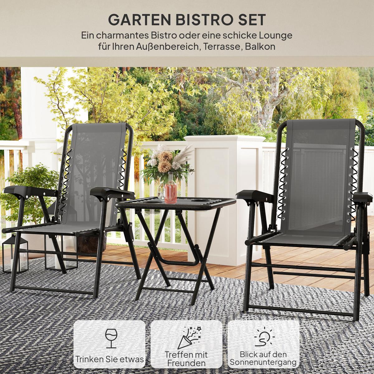 GARTENMÖBEL-SET 3 TLG. Dunkelgrau mit Becherhalter - Dunkelgrau, Metall - Outsunny
