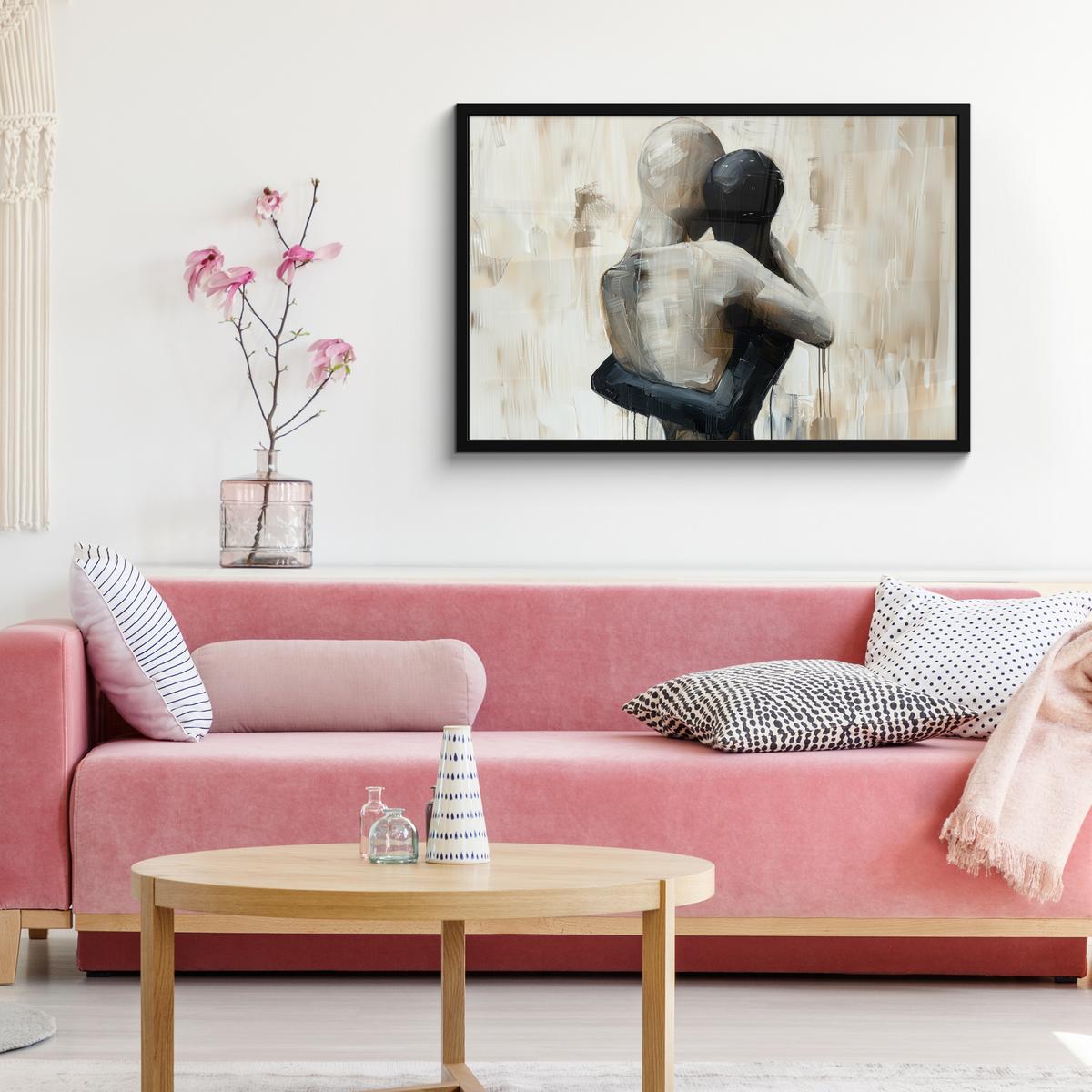 POSTER MIT RAHMENGERAHMTES BILD Abstrakt - Liebe - Schwarz und weiß - Modern 90x60 cm - Schwarz, Papier (90/60cm) - MuchoWow
