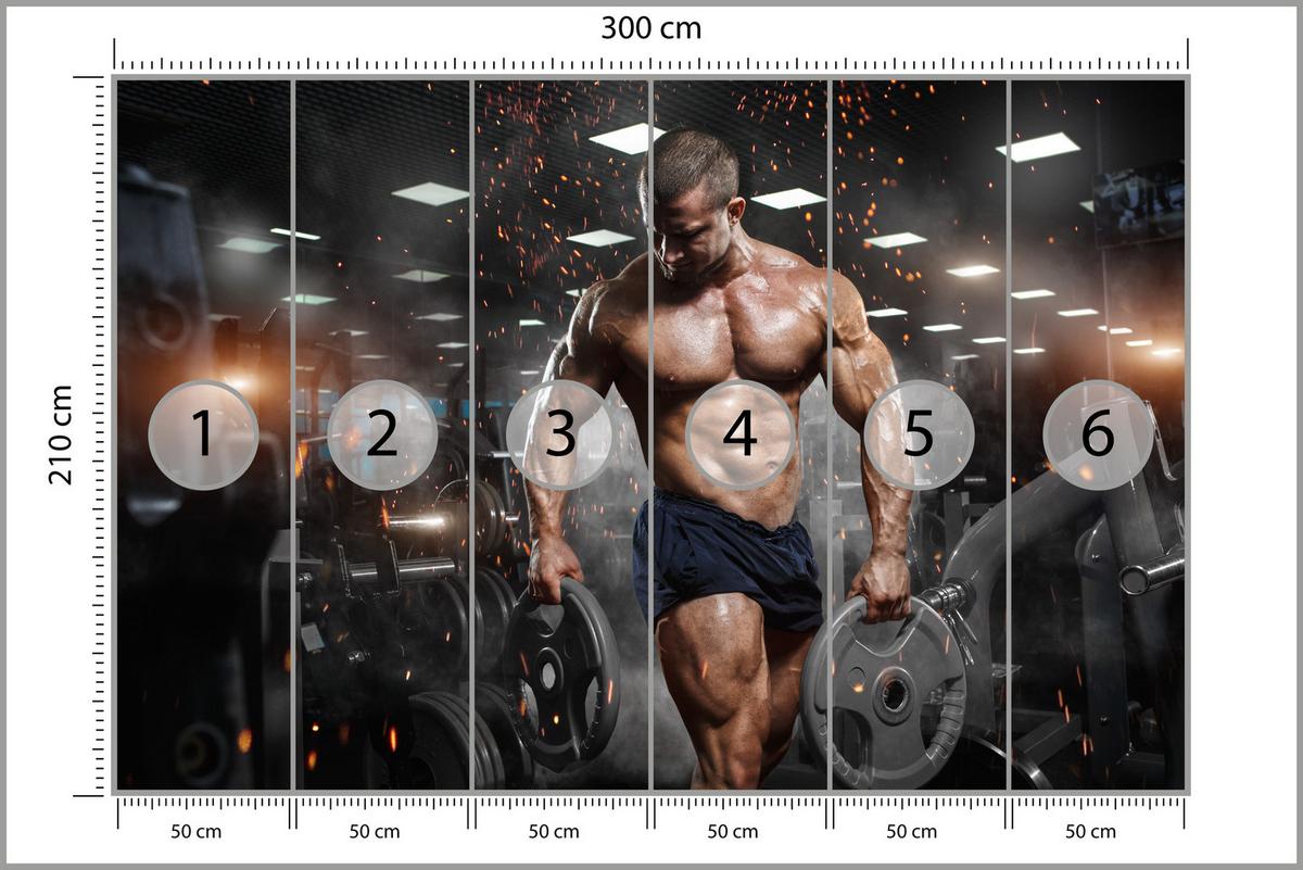 FOTOTAPETE Muskulöser Mann Gym Fitnessstudio Sport 300x210 - Beige/Schwarz, Papier (300/210cm) - Muralo