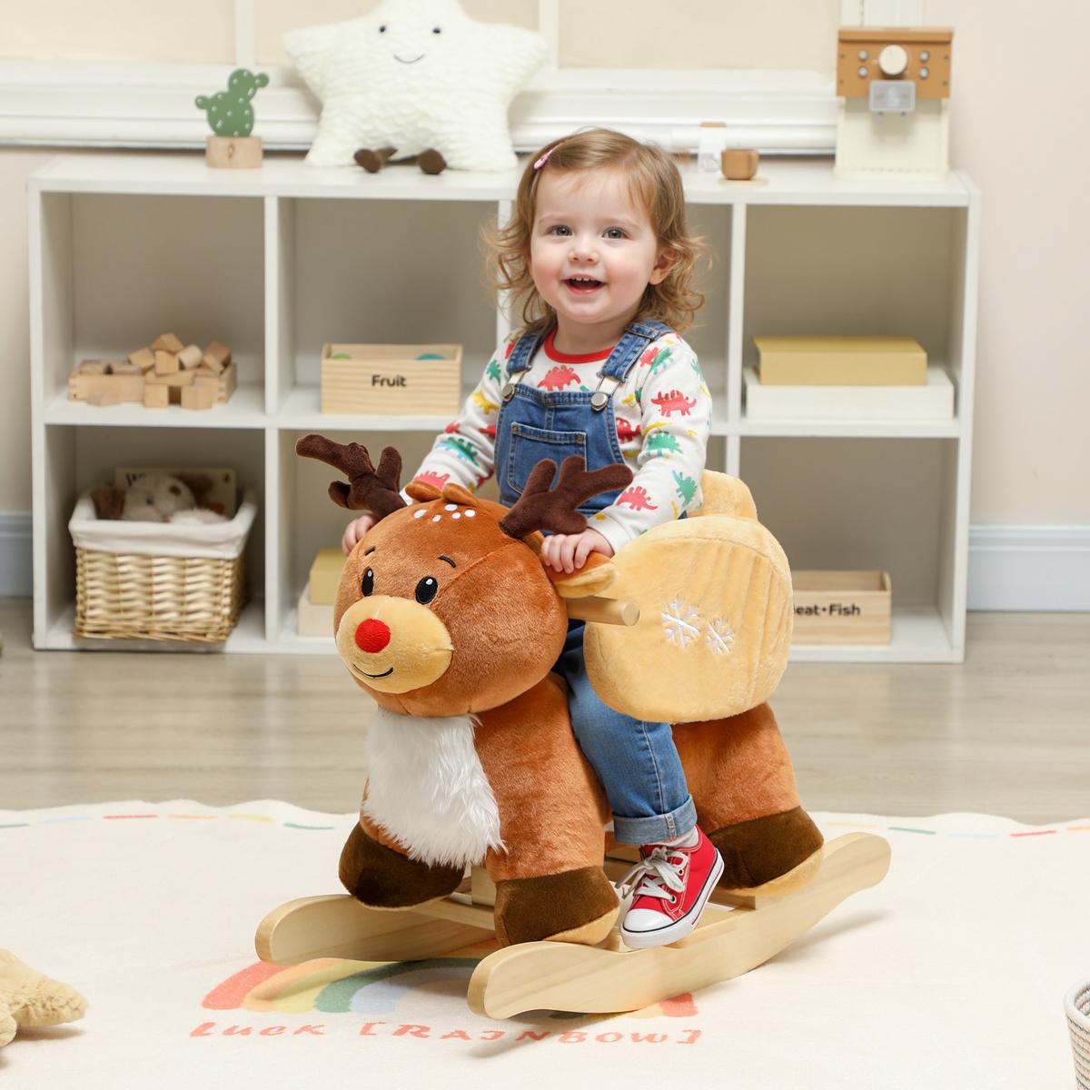 KINDER-SCHAUKELPFERD Rentier mit Schlafliedern Plüsch Braun - Braun, Textil (32/55/65cm) - AIYAPLAY