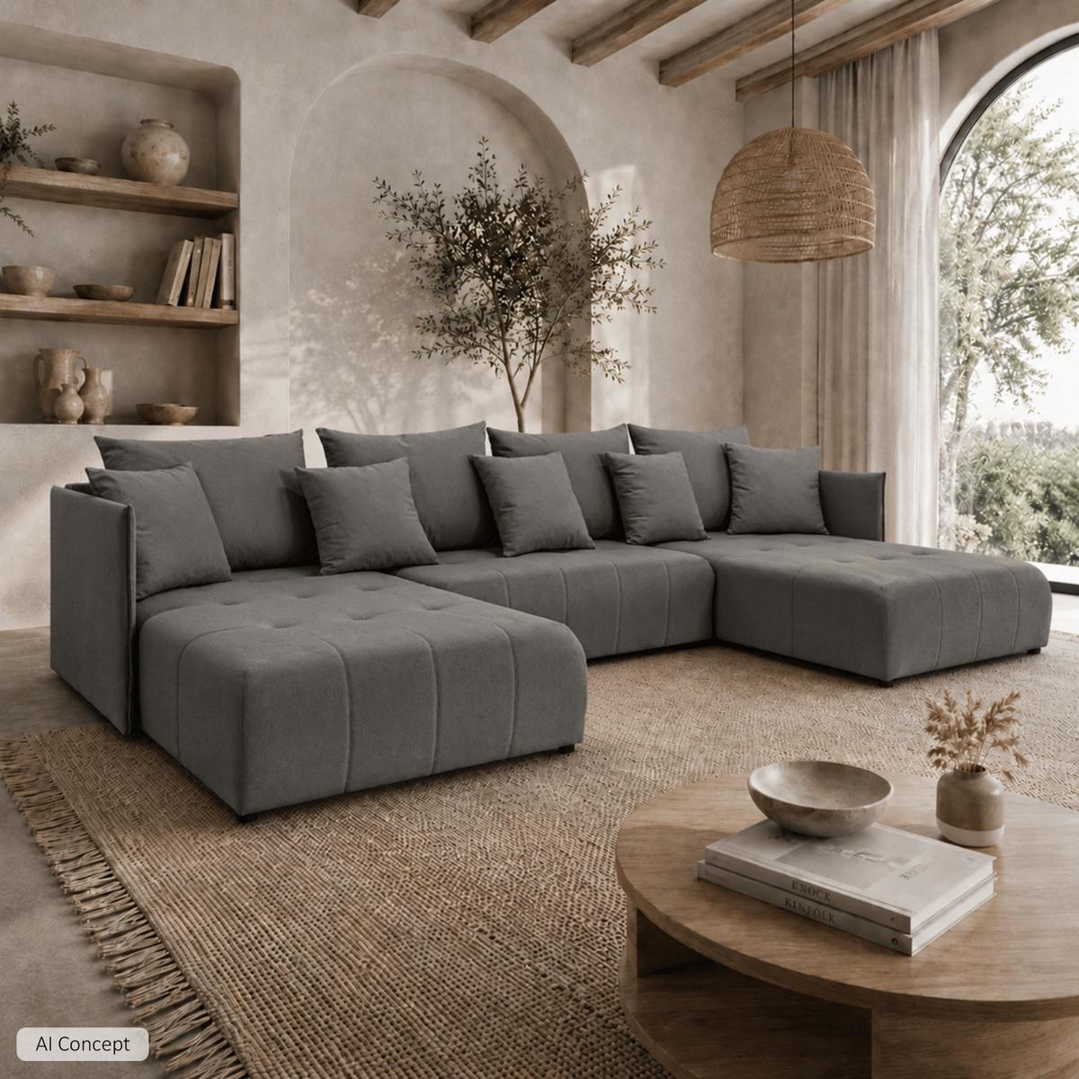 WOHNLANDSCHAFT APOLLO U mit Schlaffunktion und Bettzeugkasten - Graphitfarben, Textil (348/93/188cm) - Lookway