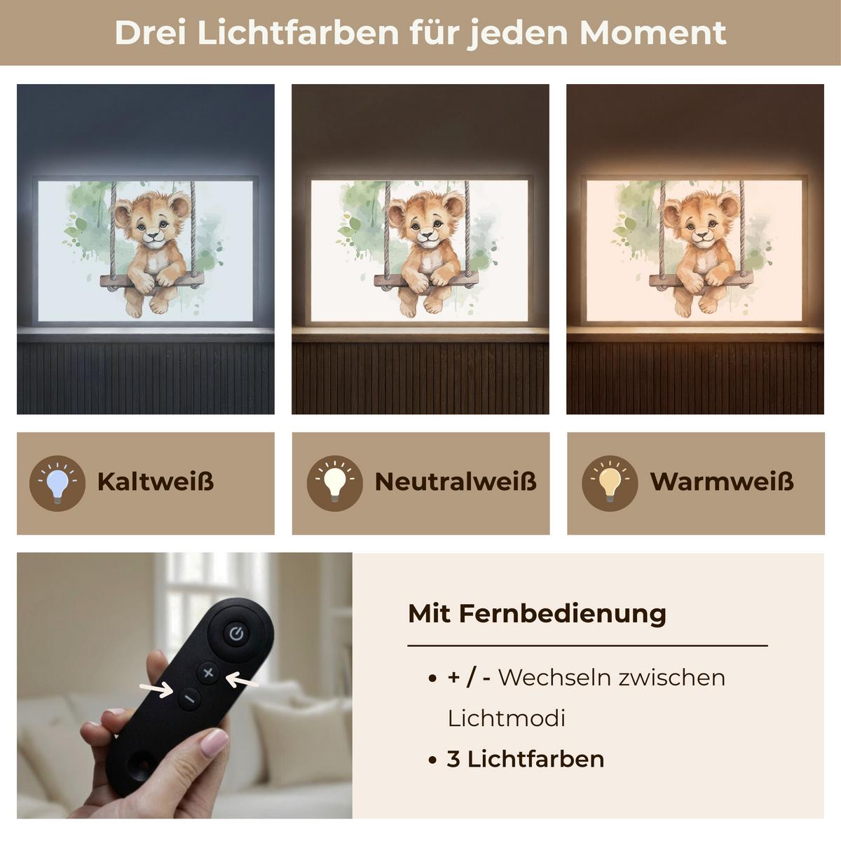 WANDLEUCHTE MIT AKKU Löwe - Tier - Kinder - Dschungel 60x40 cm - Weiß, Holzwerkstoff (60/40/8cm) - OnlyWow