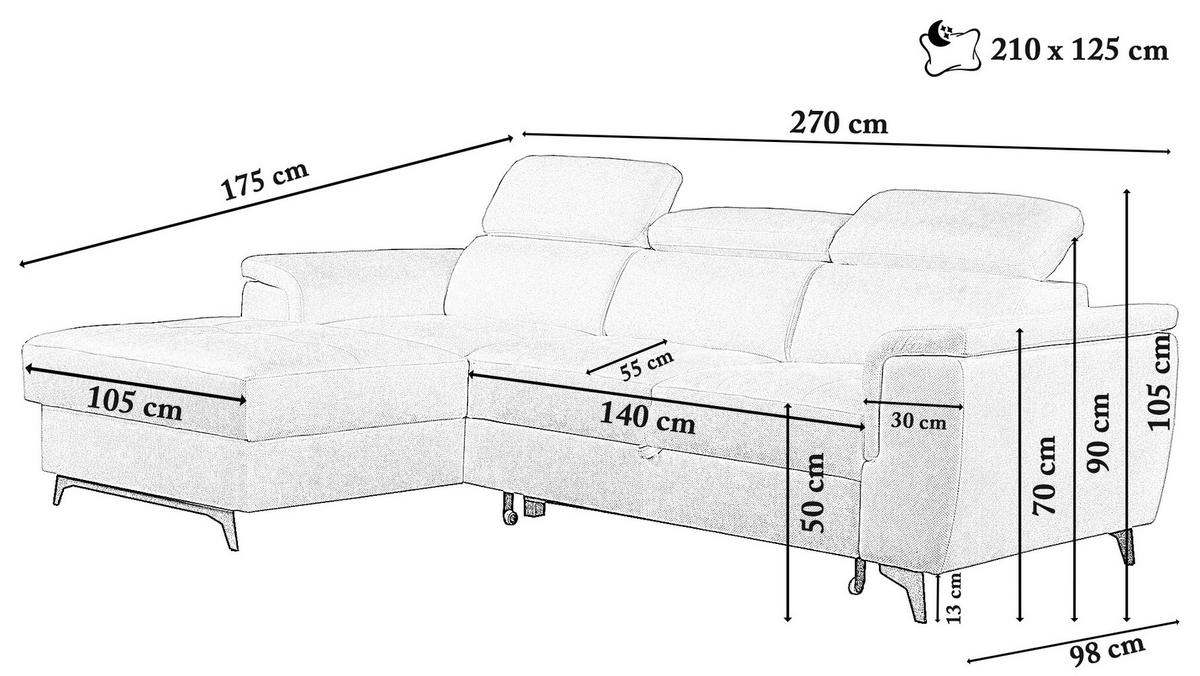 ECKSOFA VOLA Weiß Velours-Stoff mit Schlaffunktion - Weiß, Holz (270/175cm) - MASSENO