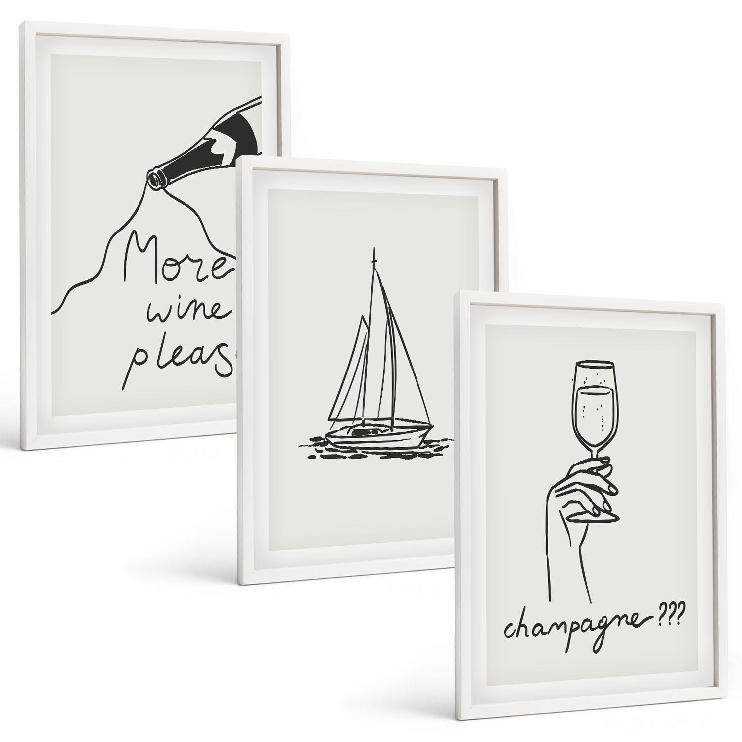 BILDER SET 3er Set - 40x60 cm Weißer Rahmen - Weinsegelboot-Glas-Linienzeichnung - Weiß, Kunststoff (40/60cm) - TULUP