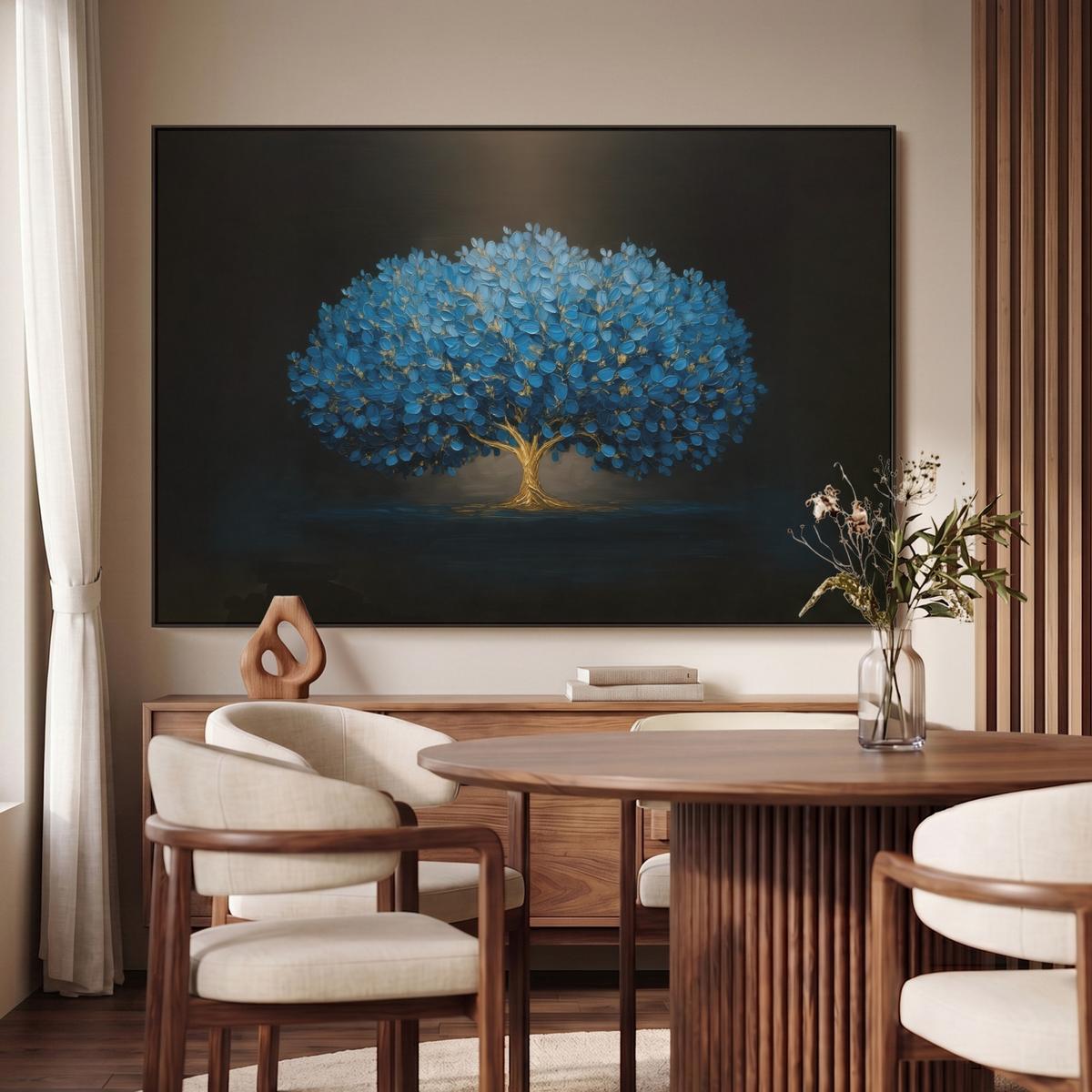 LEINWAND Bilder mit Rahmen - Baum - Blau - Blätter - Pinselstriche - 150x100 - Blau, Textil (150/100cm) - MuchoWow