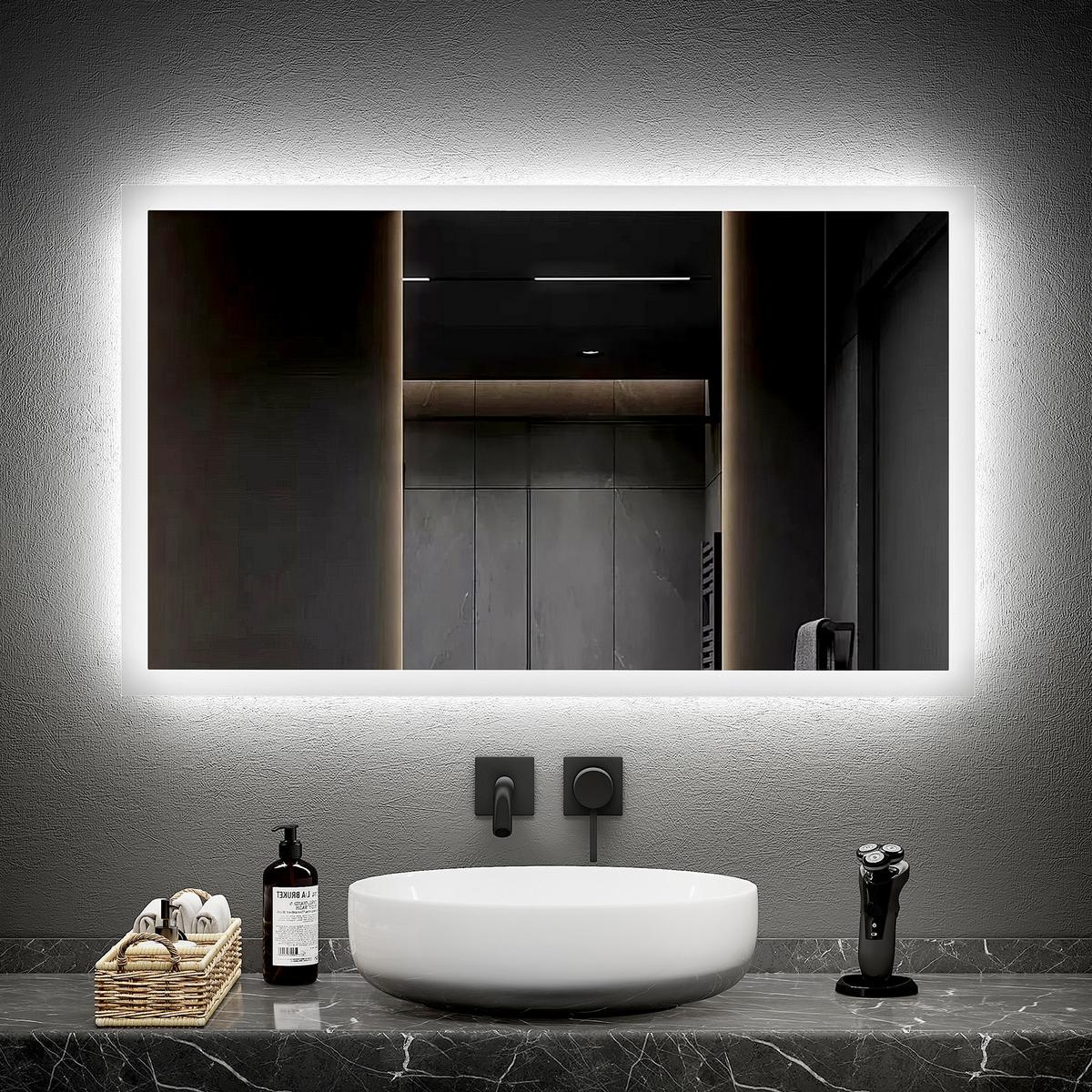 BADSPIEGEL mit Beleuchtung, mechanischem Schalter & Antibeschlag-Funktion, 100/60 cm - Transparent, Glas (100/60/3.5cm) - EMKE