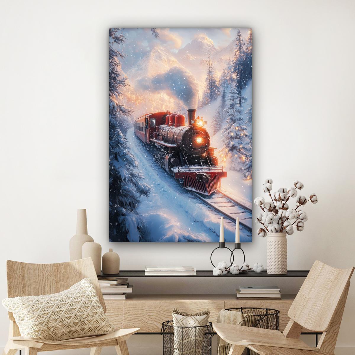 LEINWANDBILD Weihnachtszug - Schnee - Winter - Weihnachten Deko XXL 80x120 cm - Dunkelrot, Textil (80/120cm) - MuchoWow