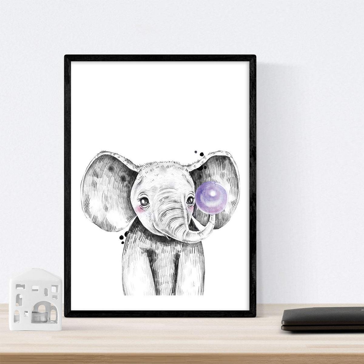 POSTER Set Mit 6 Tiere Babys Mit Kaugummi Hirschschwein Elefant Zorro Bär Hund A4 Schwarzer Rahmen - Schwarz, Papier (29/3cm) - Nacnic
