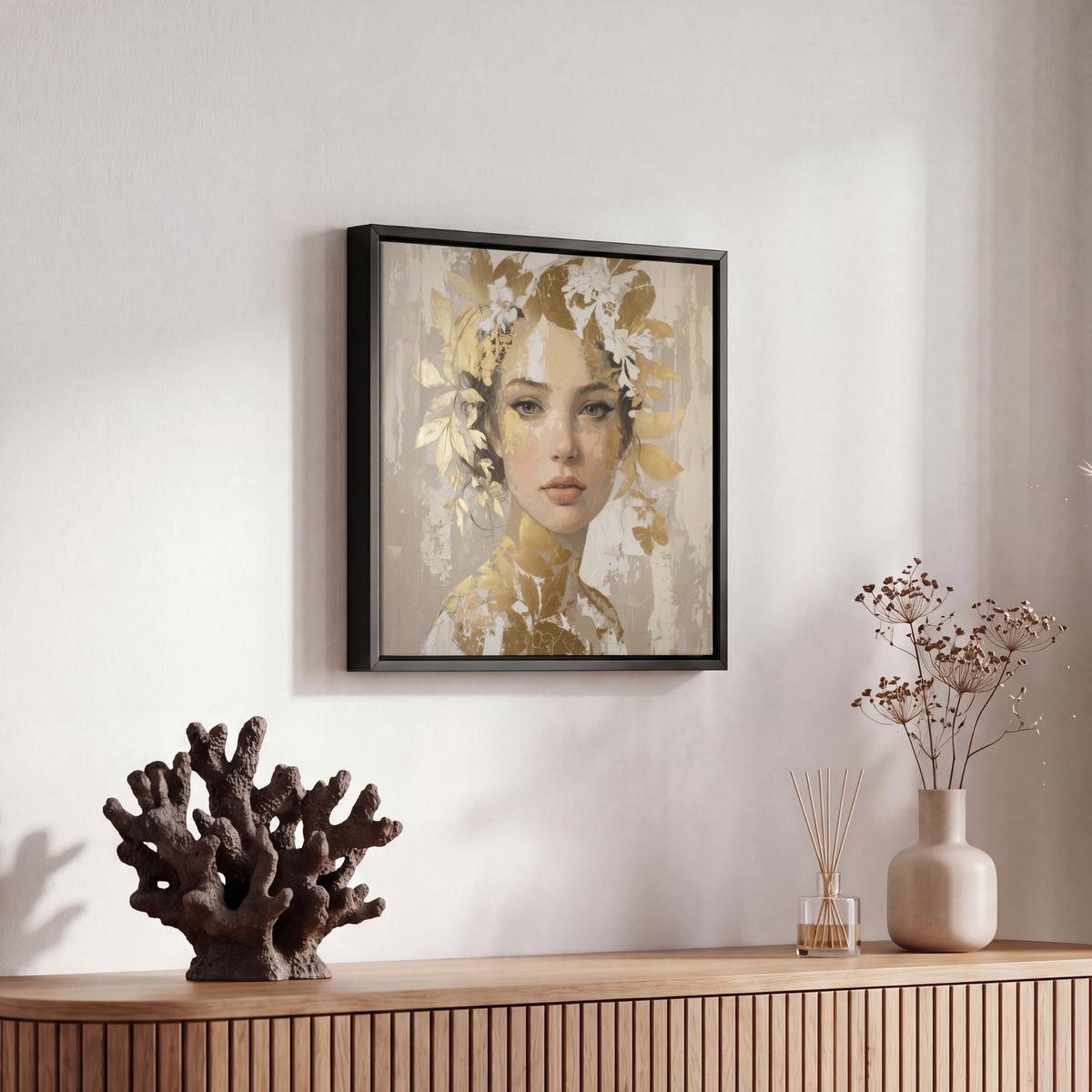 LEINWAND Bilder mit Rahmen - Gesicht - Frau - Blätter - Gold - 20x20 - Beige, Textil (20/20cm) - MuchoWow