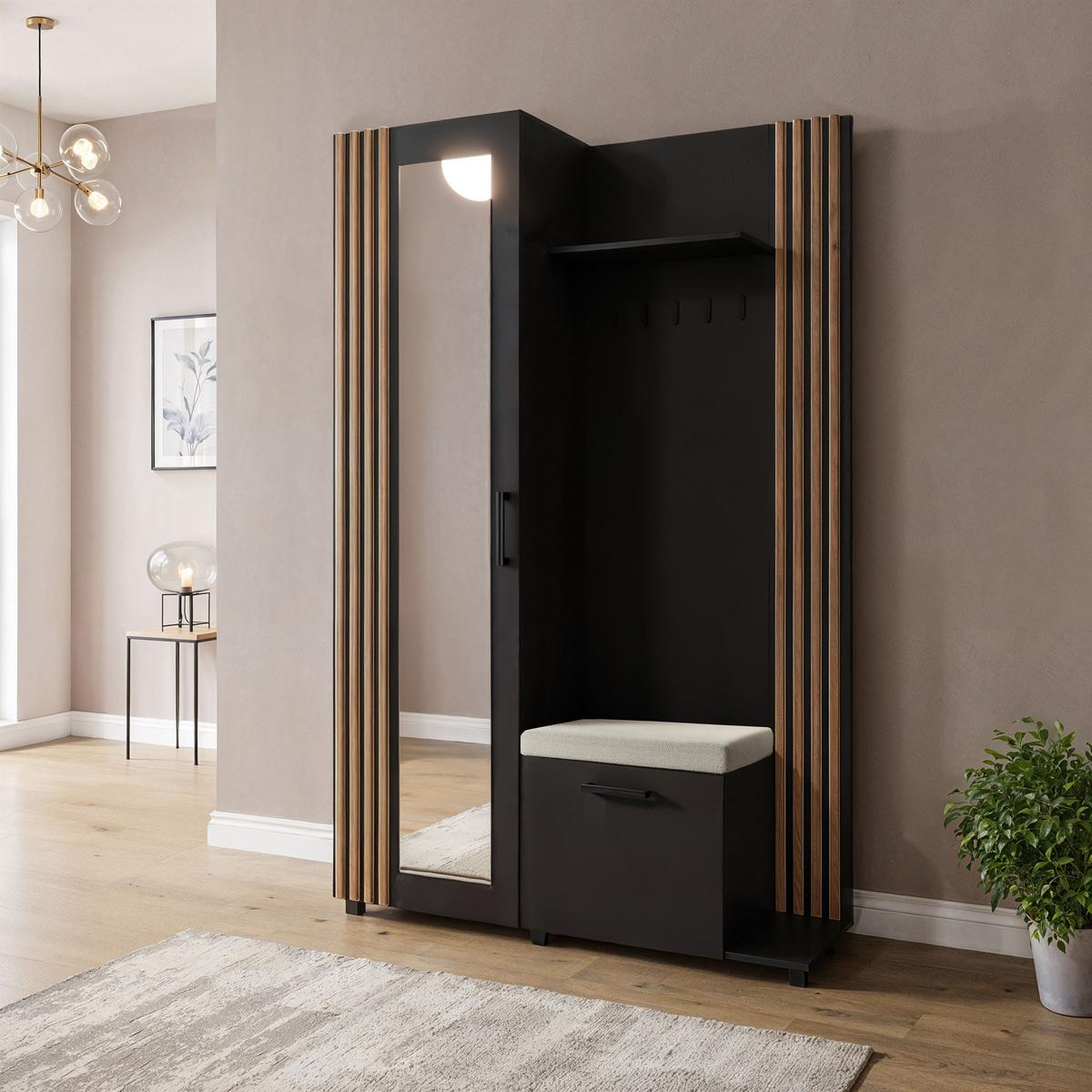 GARDEROBE Linaro mit Spiegel, Sitzbank in Lamellen-Optik 137/207/42 cm, Rechts - Schwarz, Holzwerkstoff (137/207/42cm) - WFL GROUP