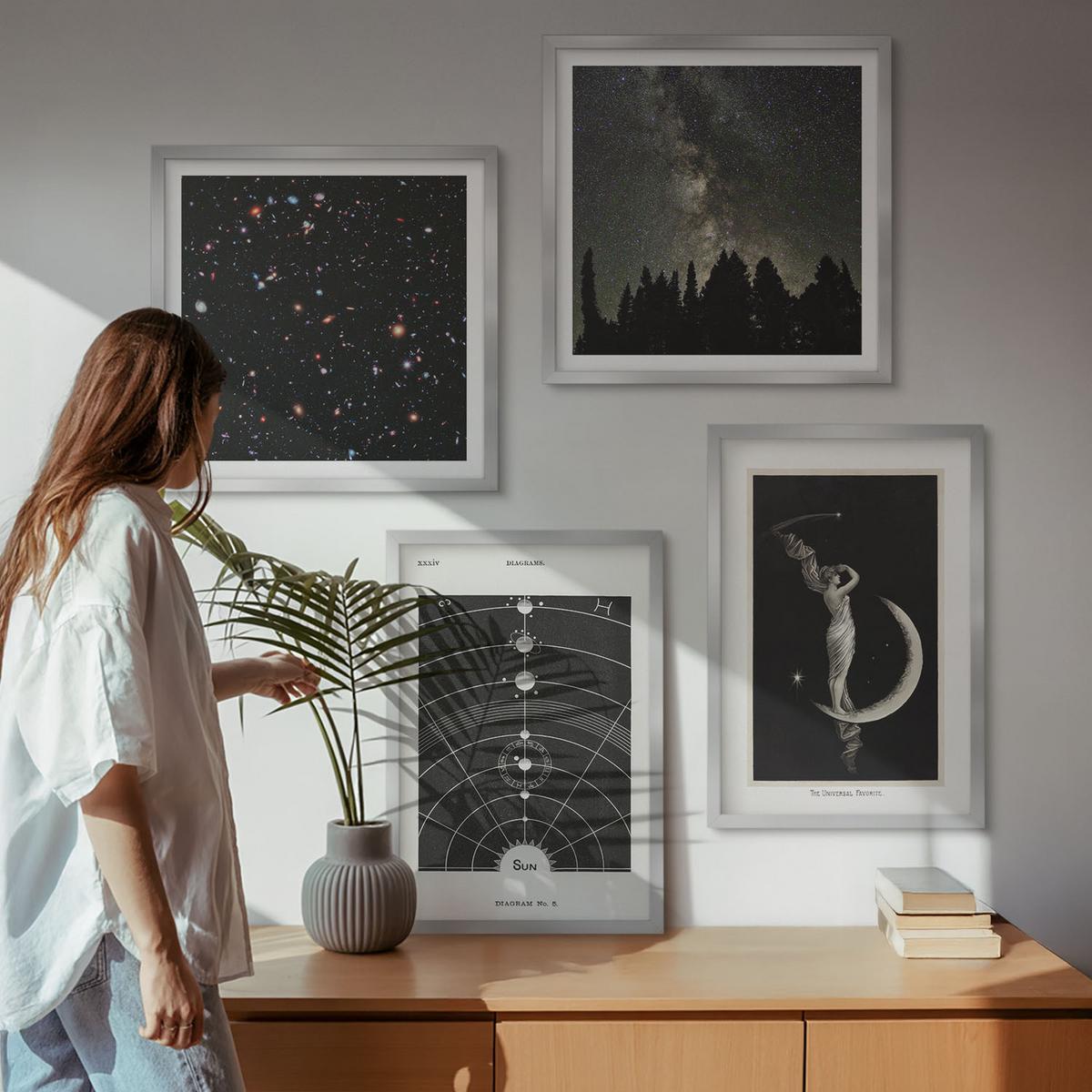 BILDER SET 4er Set - 50x50 cm & 40x60 cm Silberner Rahmen - Galaxie im Sonnensystem - Silberfarben, Kunststoff (50/50cm) - TULUP