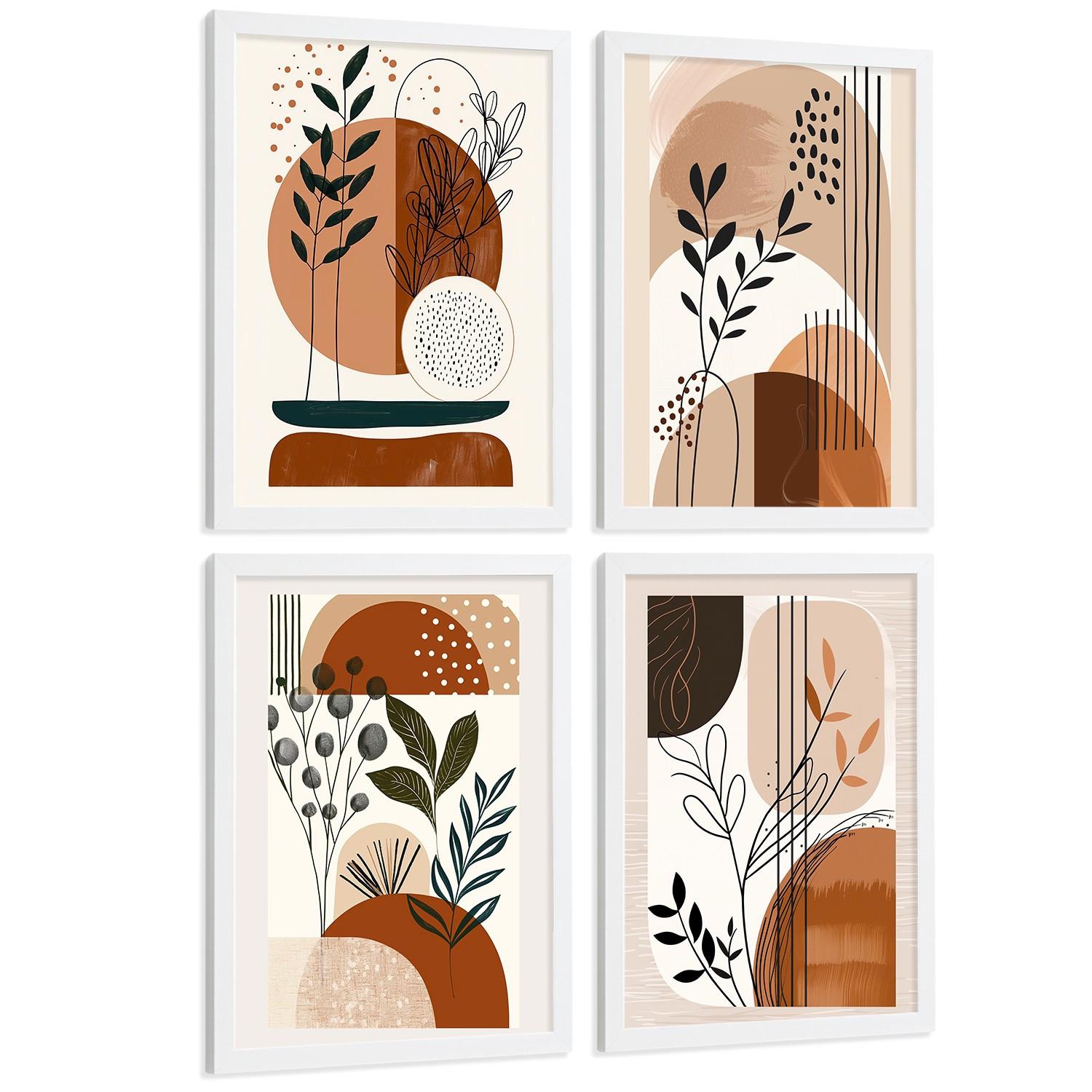 POSTER 4er Kunstdruck-Set Wandbilder Botanisch Abstrakt modern Wohnzimmer Deko, Schlafzimmer, Küche, Badezimmer Weißer Rahmen A3 - Weiß, Papier (29.7/1/42cm) - Nacnic