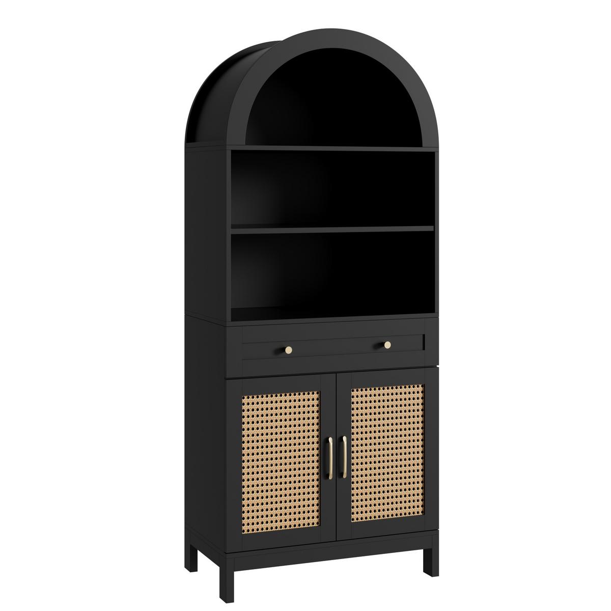 VITRINEN Gewölbt Schwarz & Natur mit Rattantüren & Schublade - Schwarz, Holzwerkstoff (70/170/40cm) - Urban Meuble