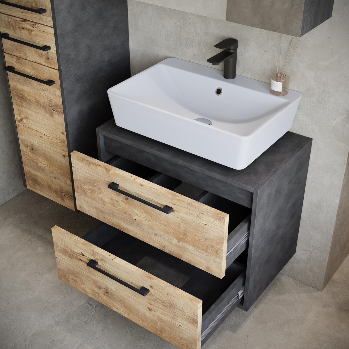 BADMÖBEL-SET Florence 3 Teile Kastanien Eiche mit Dunkel Grau - 60 x 35 x 51 cm - Eichefarben/Grau, Holz (60/51/35cm) - Badplaats