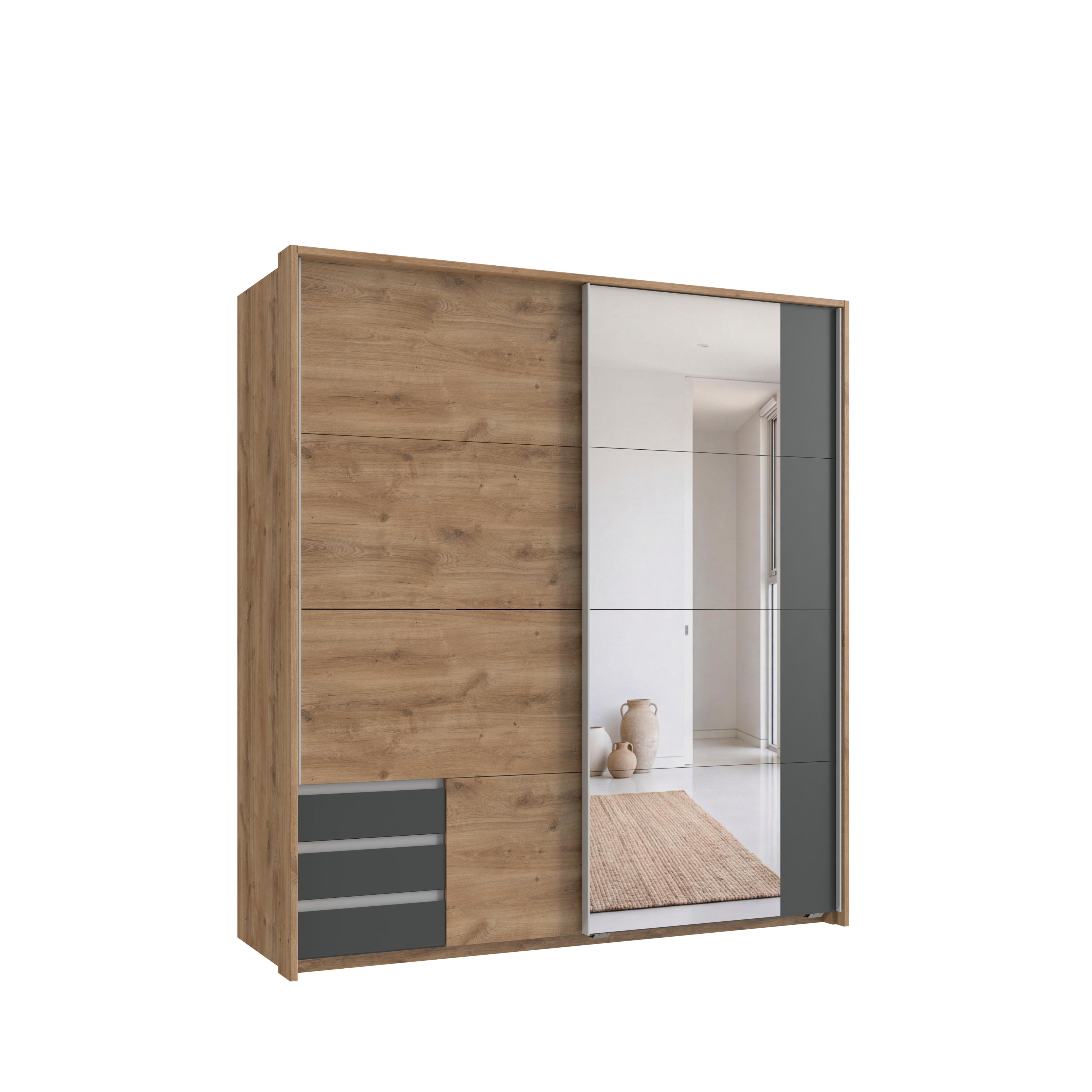 SCHWEBETÜRENSCHRANK 2-türig B183/H200/T65 cm, Passepartout-Kleiderschrank in Eiche Dekor mit Spiegel, 1x Tür & sichtbare Schubkästen in Grafit / 22713 - Eichefarben/Graphitfarben, Holz/Holzwerkstoff (183/200/65cm) - luma-home