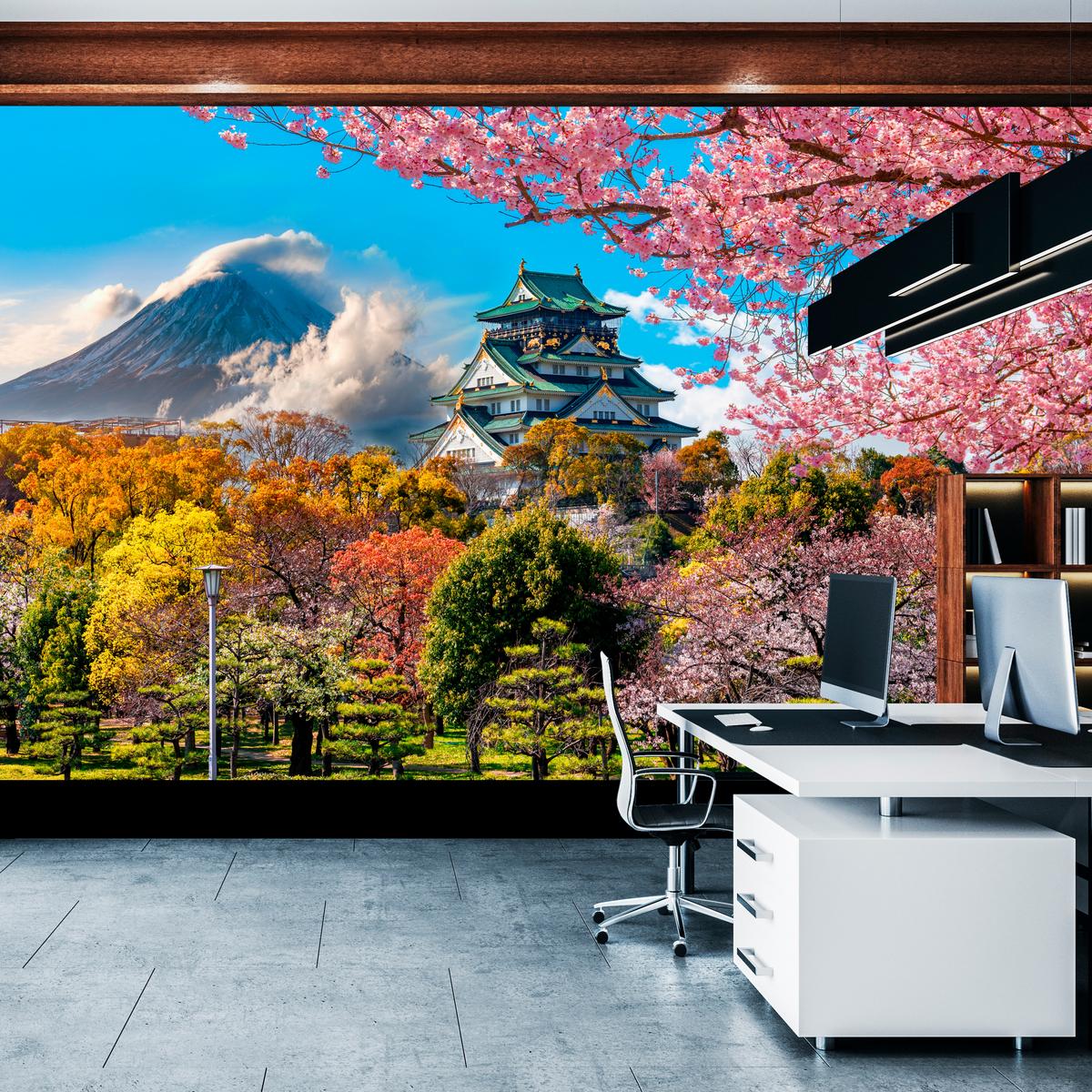FOTOTAPETE für Wohnzimmer Kirschblüten Osaka Burg Japan Berge Bäume 350x256 - Gelb/Rosa, Papier (350/256cm) - Muralo
