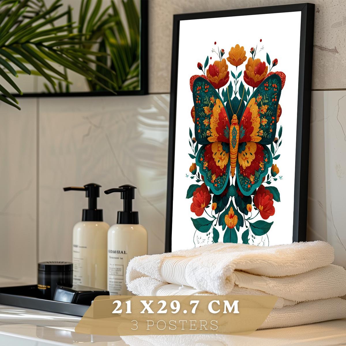 POSTER 3er-Set dekorative Badezimmer-Kunstdrucke, farbenfrohe im Stil der Volkskunst, Toilette mit Hahn, Schmetterling und Vögeln Schwarzer Rahmen A4 - Schwarz, Papier (29.7/21/3cm) - Nacnic