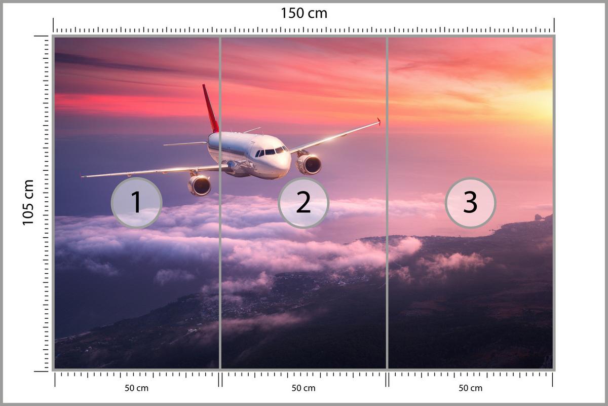 FOTOTAPETE für Wohnzimmer Flugzeug Sonnenuntergang Wolken Himmel 150x105 - Gelb/Rot, Papier (150/105cm) - Muralo