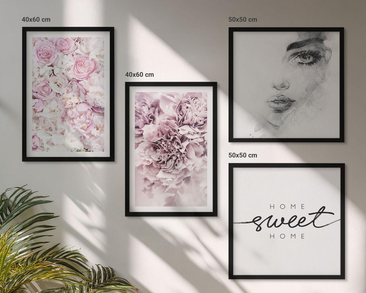 BILDER SET 4er Set - 50x50 cm & 40x60 cm Schwarzer Rahmen - Pfingstrosenporträt einer Frau für Zuhause - Schwarz, Kunststoff (50/50cm) - TULUP