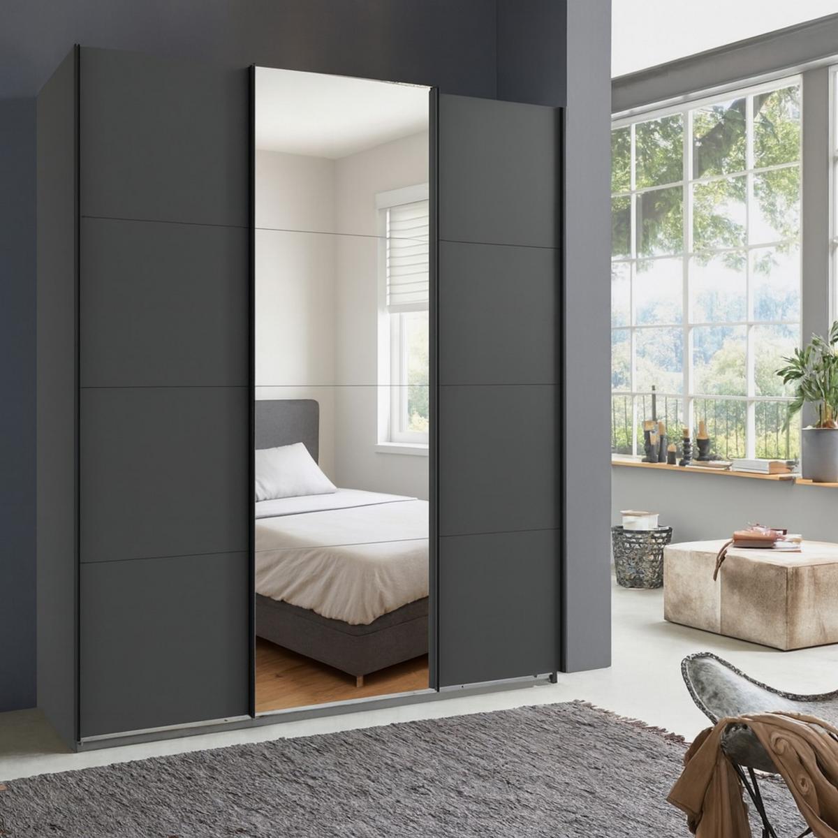 SCHWEBETÜRENSCHRANK 3-türig B180/H208/T64 cm in Grafit, Kleiderschrank mit einer Spiegeltür / 22512 - Graphitfarben/Weiß, Holzwerkstoff/Metall (180/208/64cm) - luma-home