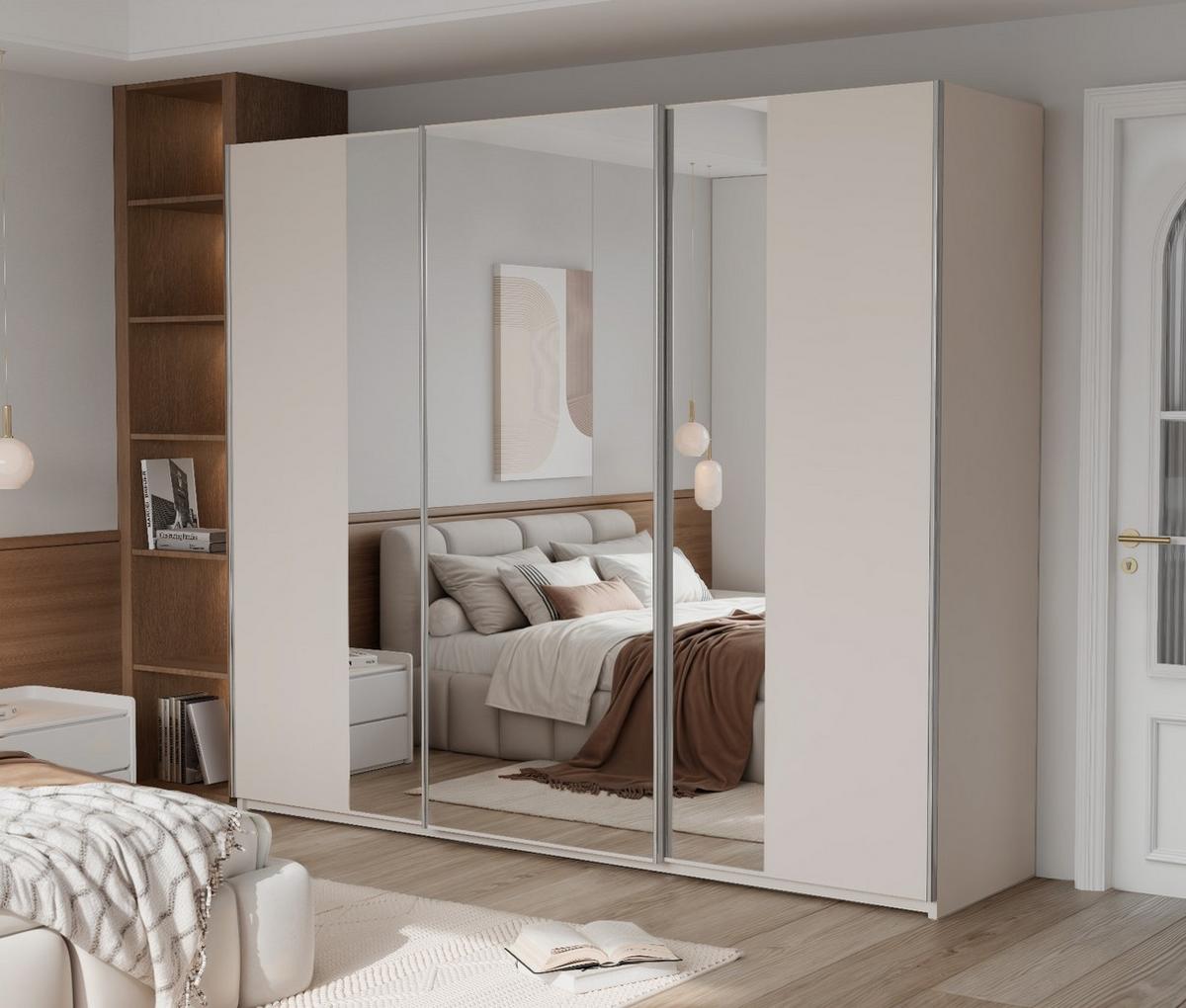 SCHWEBETÜRENSCHRANK SAMIRA 250/210/65 cm 3-türig mit Spiegel Beige - Beige, Holzwerkstoff (250/210/65cm) - MASSENO