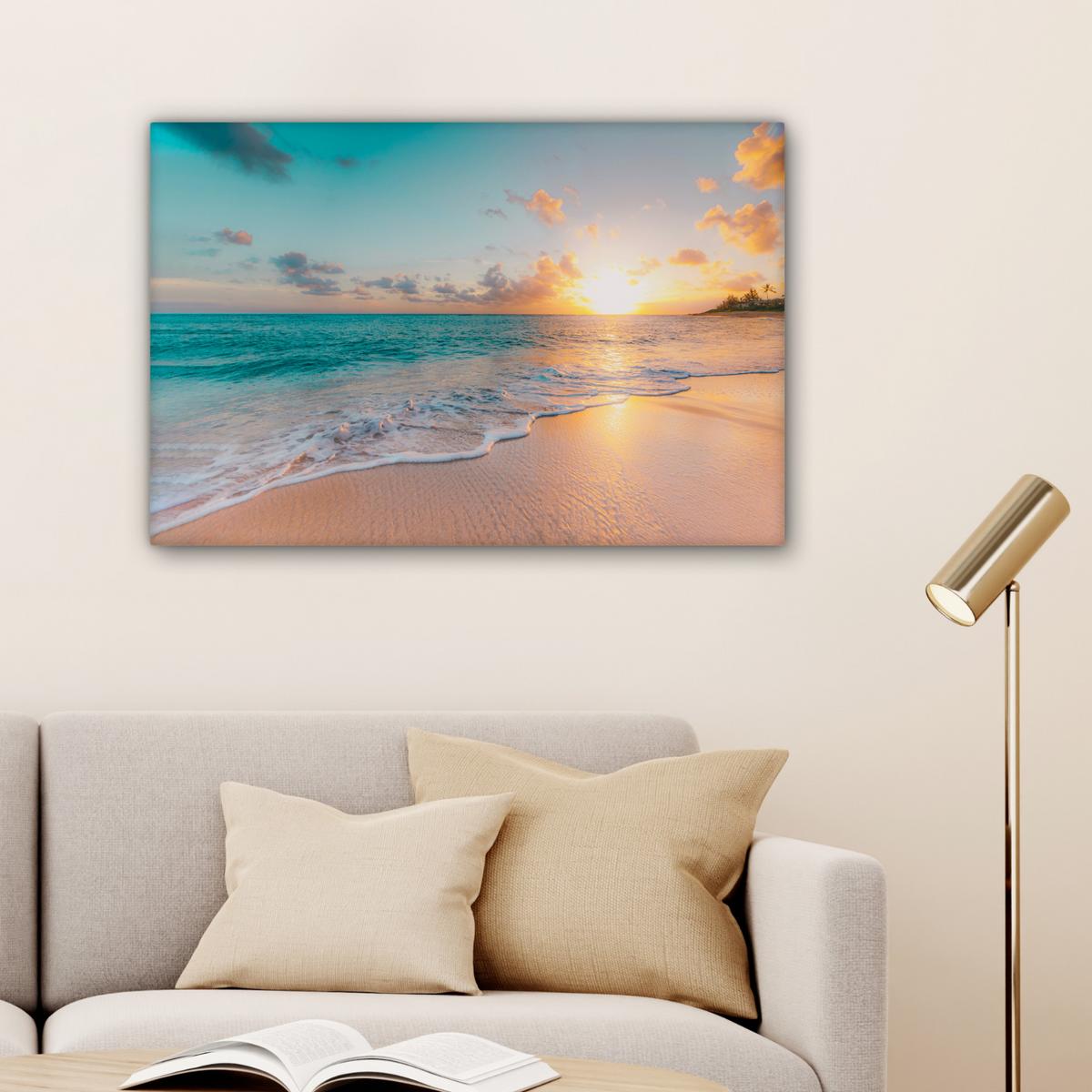 LEINWANDBILD Sonnenuntergang - Strand - Meer - Sommer - Blau XXL 150x100 cm - Multicolor, Textil (150/100cm) - MuchoWow