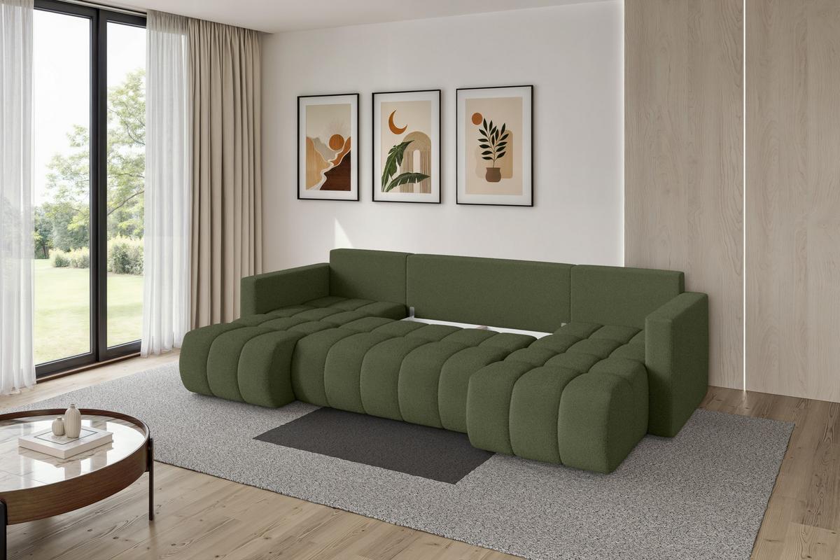 WOHNLANDSCHAFT mit Schlaffunktion und Bettkasten GARD-U 300x146x85 Grün Bouclé - Schwarz/Olivgrün, Holzwerkstoff/Kunststoff (300/85/146cm) - ALTDECOR
