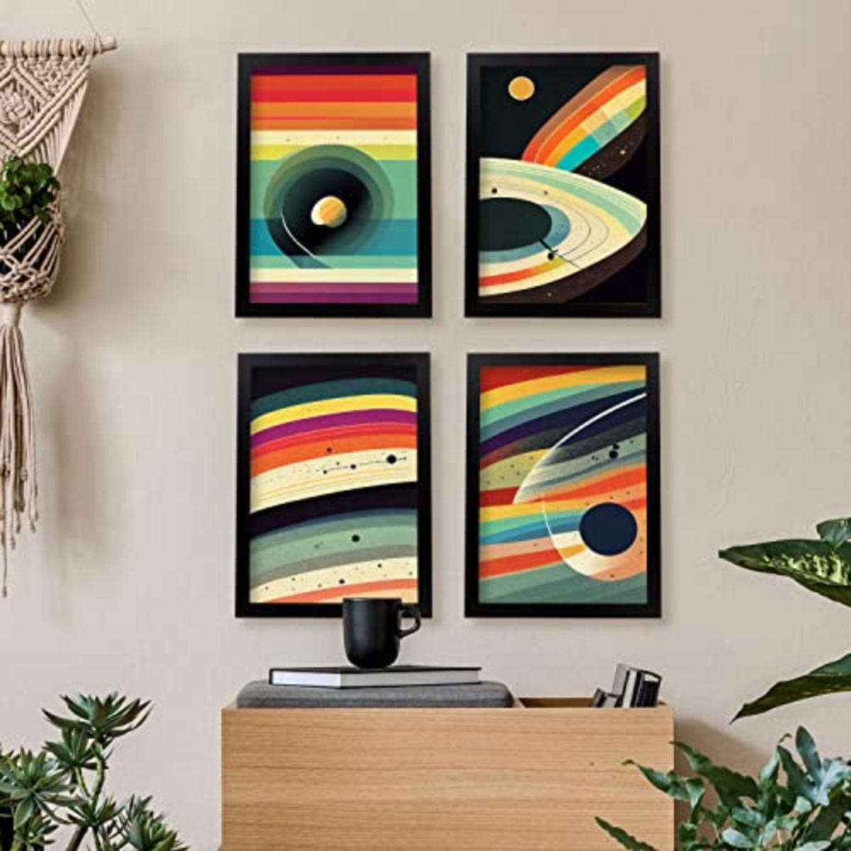 POSTER Set mit 4 Abstrakt Kurve Moderne Galaxien A3 Rahmen aus hellem Holz - Beige, Papier (29.7/3cm) - Nacnic