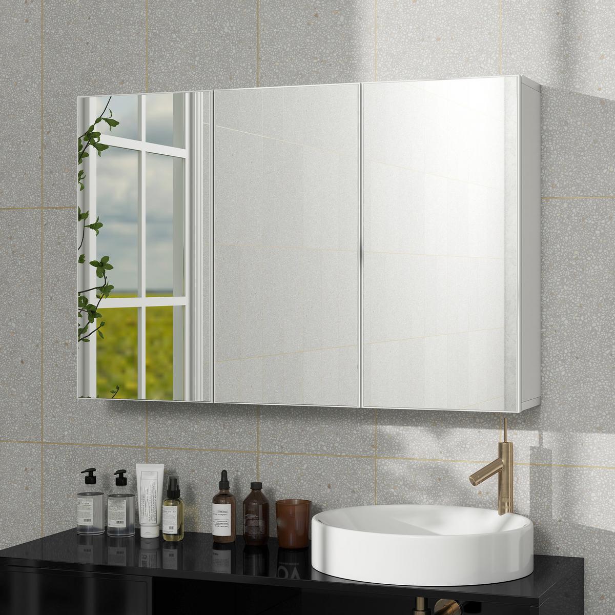 SPIEGELSCHRANK Bad mit 3 Spielgeltüren, Badezimmerschrank mit 5 Regale - Weiß, Holzwerkstoff (90/60/15.5cm) - HOMCOM