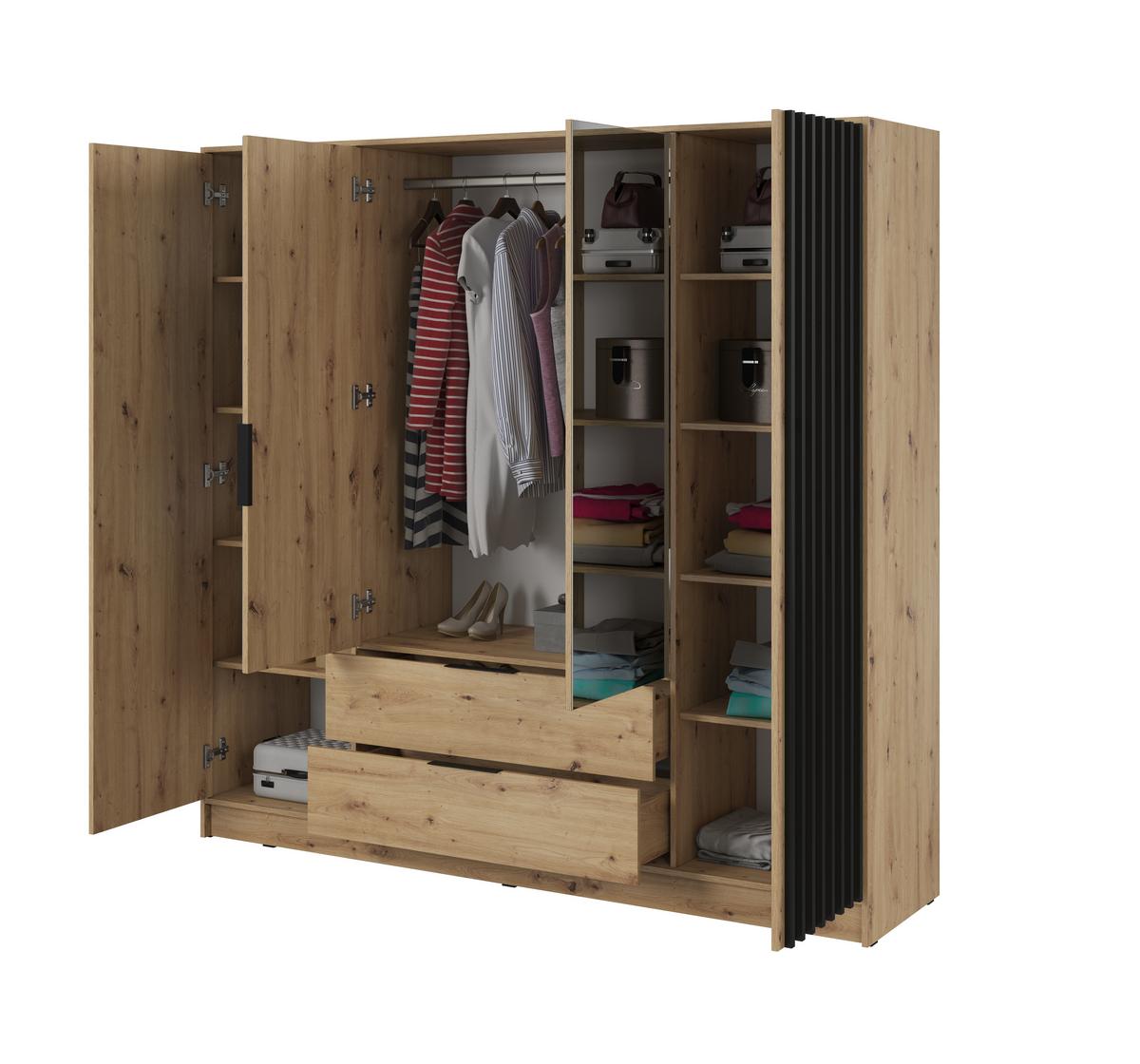 DREHTÜRENSCHRANK NELIANA 206/200/51 cm 4-türig mit Spiegel Eiche Artisan - Eiche Artisan, Holzwerkstoff (206/200/51cm) - MASSENO