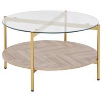 COUCHTISCH Gold/Heller Holzfarbton Lovell - Hellbraun/Goldfarben, Glas/Holzwerkstoff (80/80/45cm) - Beliani