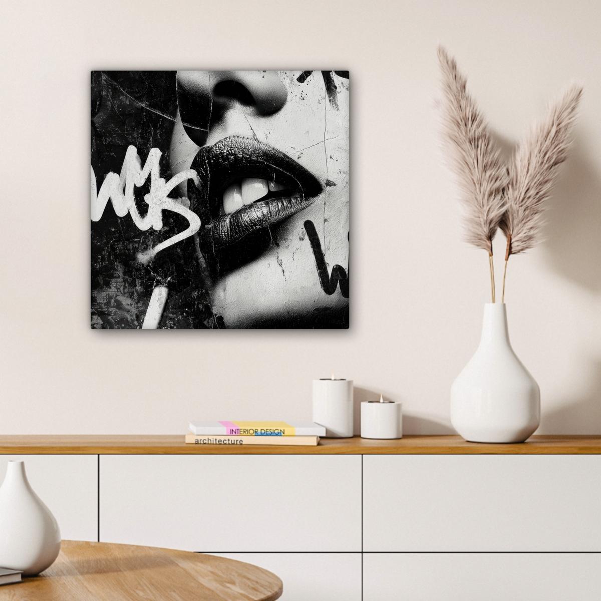 LEINWANDBILD Gesicht - Mund - Graffiti - Schwarz Wandbild Wohnzimmer 50x50 cm - Schwarz, Textil (50/50cm) - MuchoWow