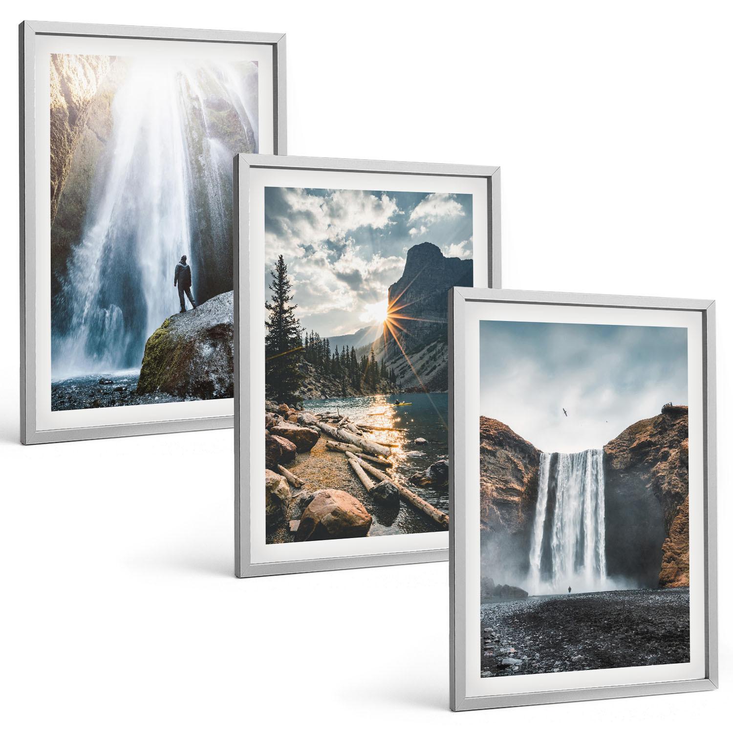BILDER SET 3er Set - 40x60 cm Silberner Rahmen - Wasserfälle, Berge, Landschaften, Natur - Silberfarben, Kunststoff (40/60cm) - TULUP