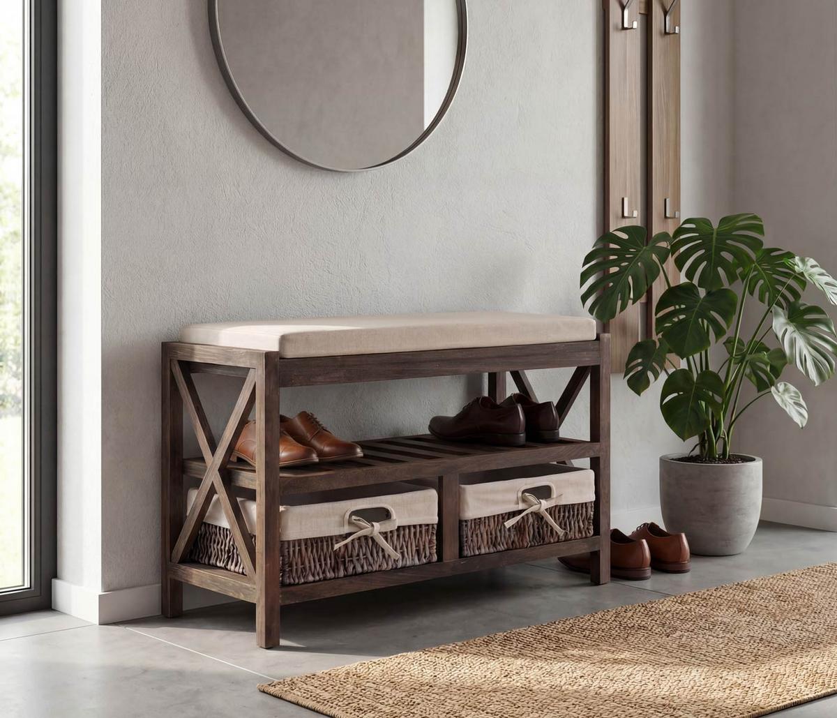 SCHUHREGAL SITZBANK Braun, Cremeweiß - Braun/Weiß, Holz (65/45/34cm) - MCW