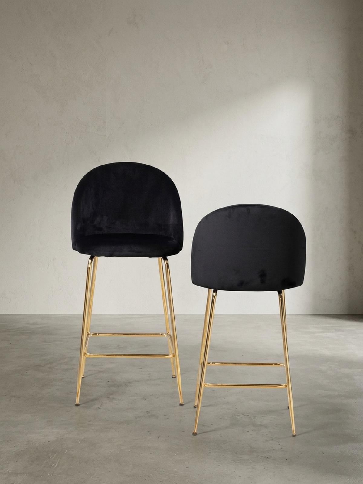 BARHOCKER 2er Set Samt Lehne Goldgestell Skandi-Stil Gepolstert, Schwarz 50x50x102 cm - Goldfarben/Schwarz, Textil/Metall (50/102/50cm) - KADIMA DESIGN